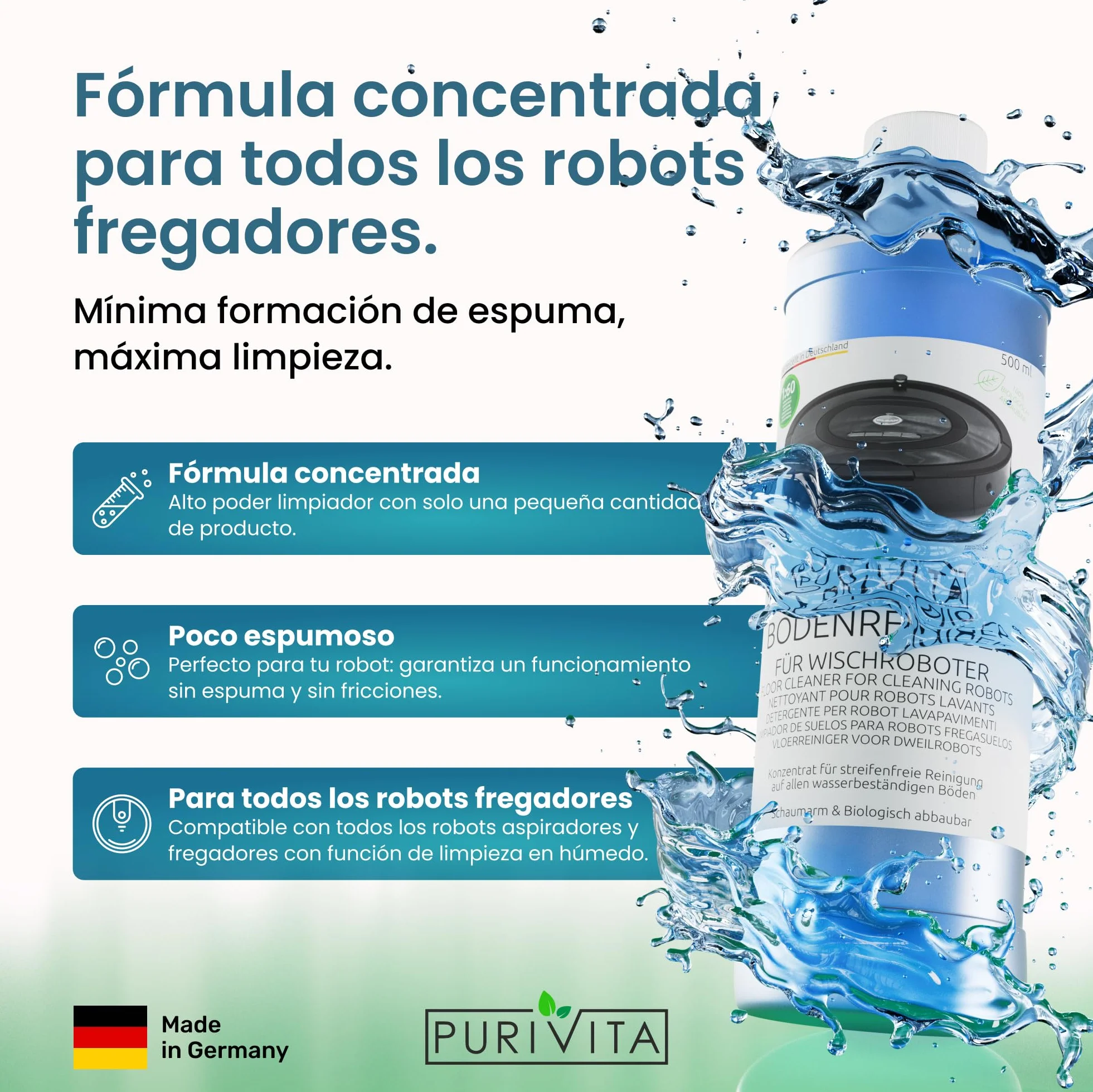 PURIVITA® Detergente Robot Aspirador 1L - Líquido para Robot Friegasuelos - Limpia Suelos para Robots Aspiradores