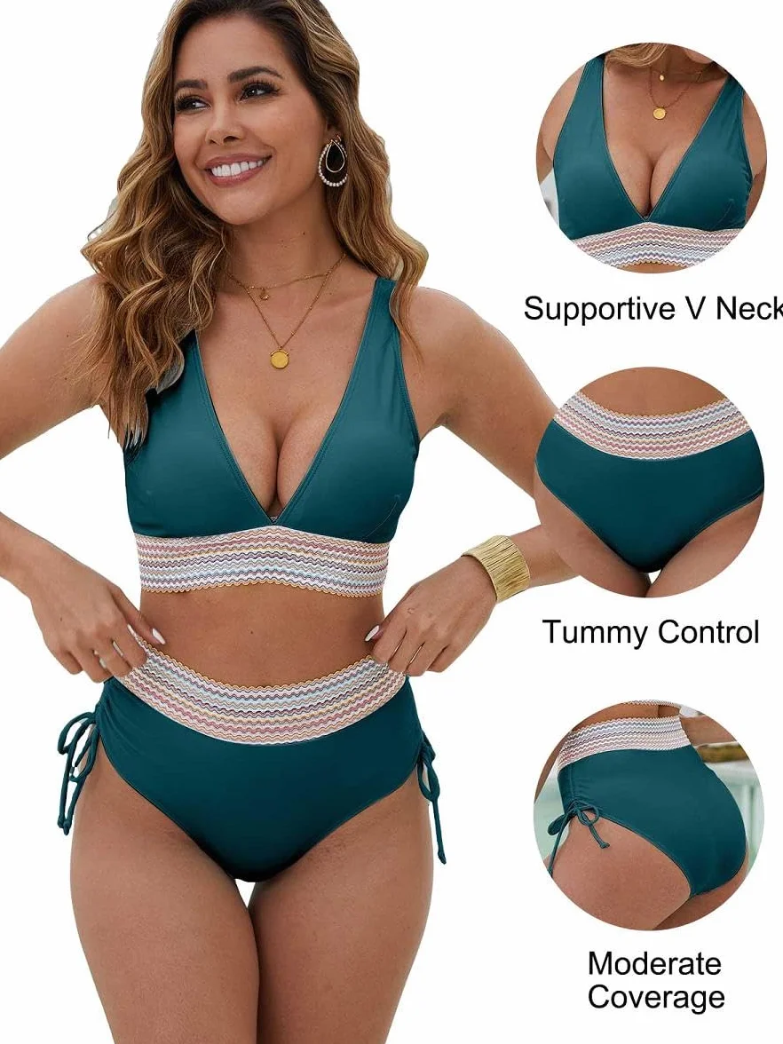 Yutdeng Conjunto Bikini Mujer Braga Alta Reductores Barriga Push Up con Relleno Cuello V Bañador 2 Piezas