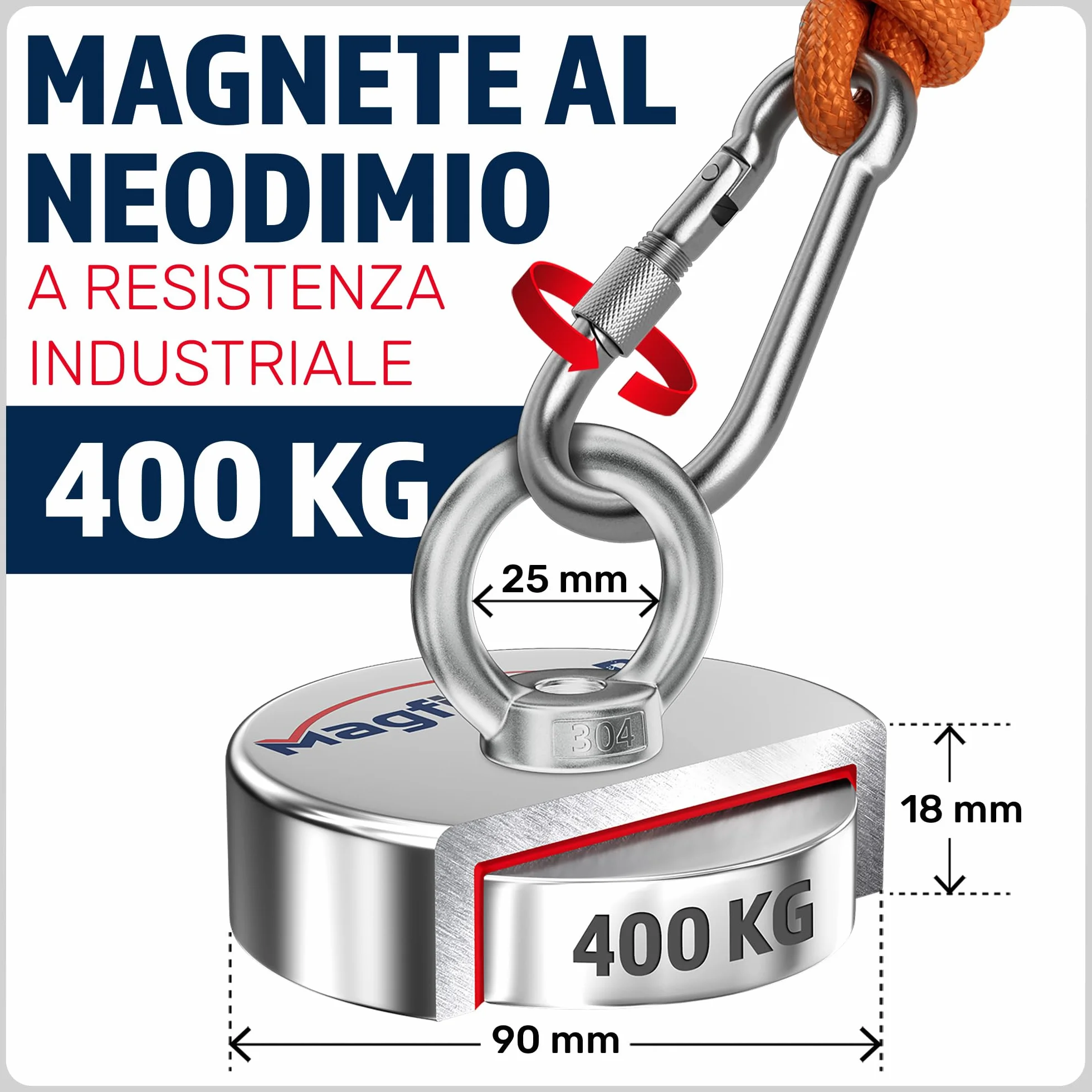 MAGFISHION Imanes Neodimio Potentes 400KG Ø90mm con Cuerda 20M y Guantes