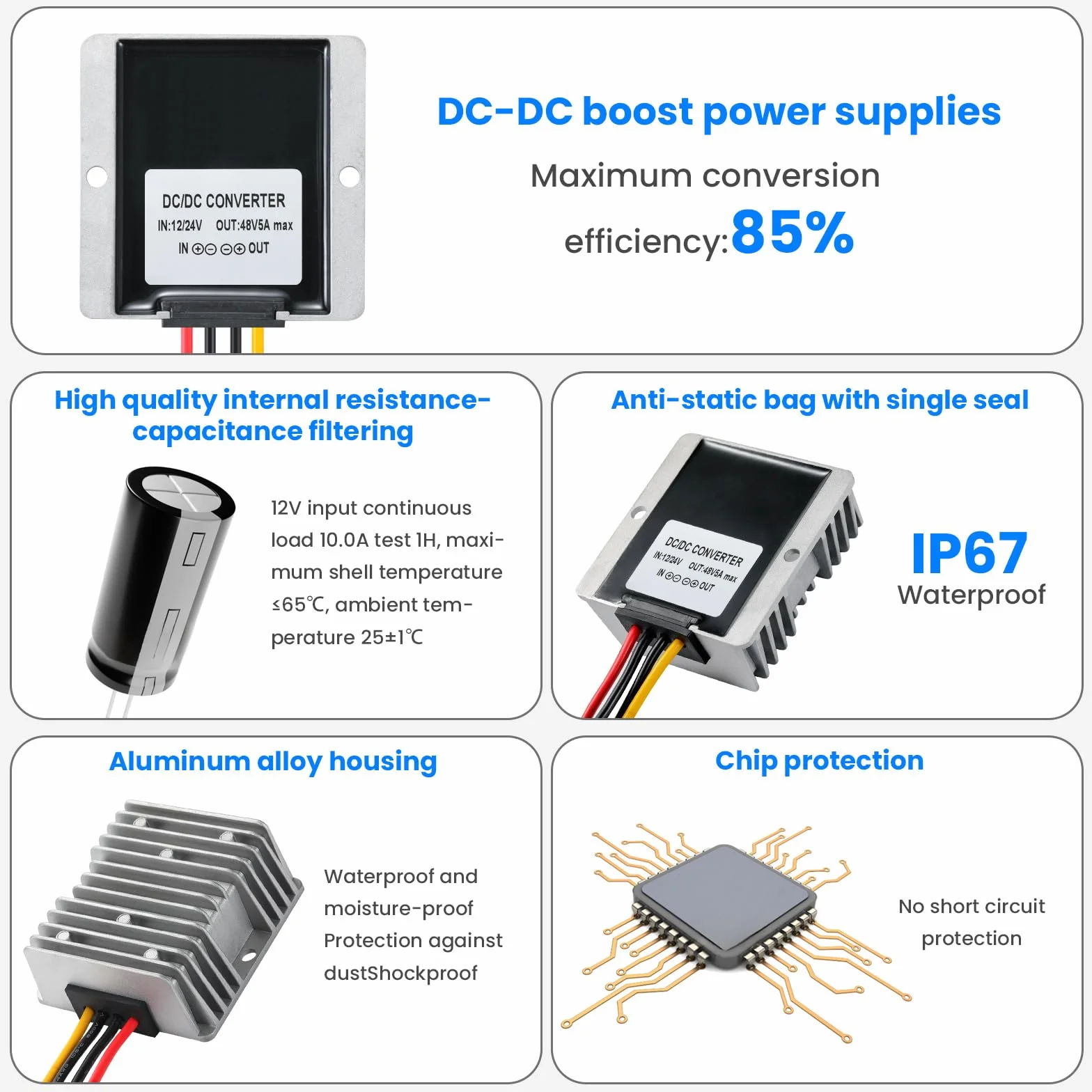 Convertidor de Voltaje DC/DC 12V a 48V 5A 240W Elevador de Tensión Impermeable IP67