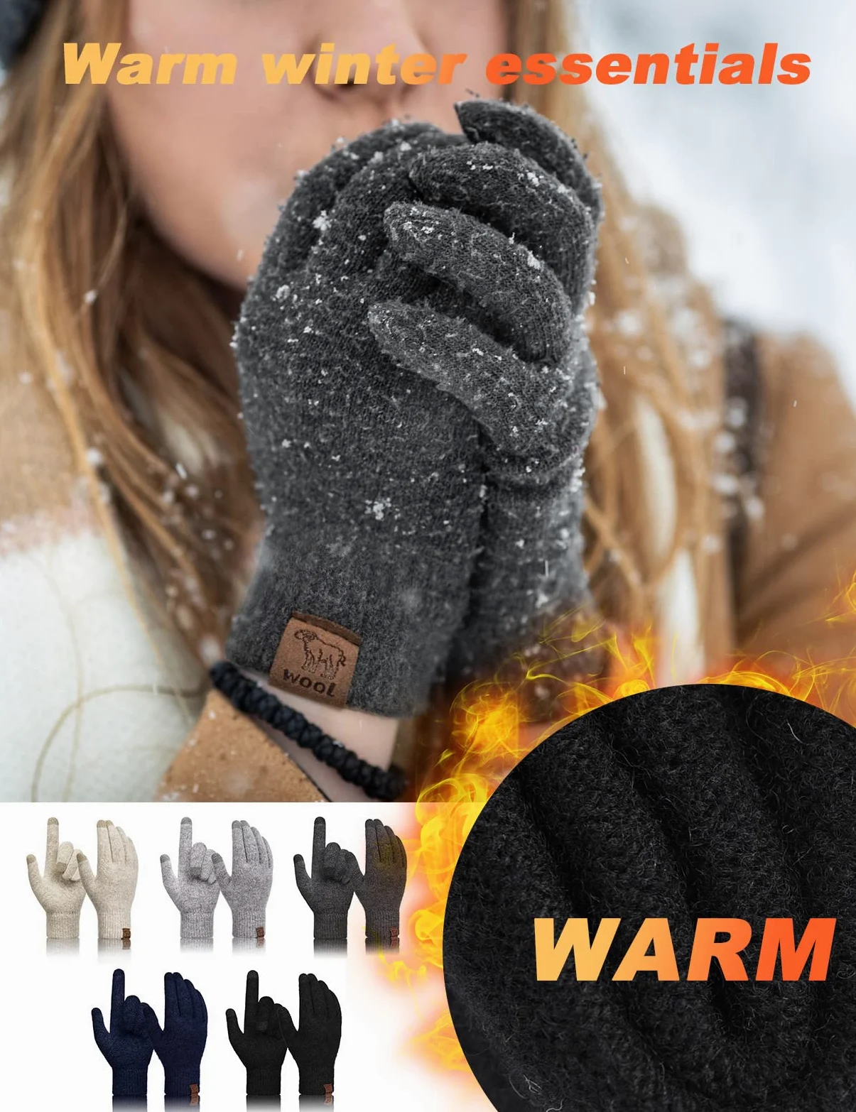 Voqeen Guante de Lana 100% Guantes Invierno Cálidos con Pantalla Táctil para Hombres Mujeres para Ciclismo Correr Escalar Senderismo Deportes Al Aire Libre