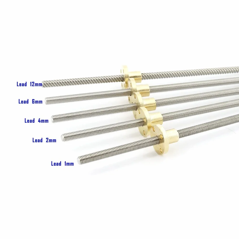 Husillo trapezoidal de acero inoxidable 304, 1 tornillo T6, longitud 180 mm, paso 2-12, con tuerca latón y varilla roscada