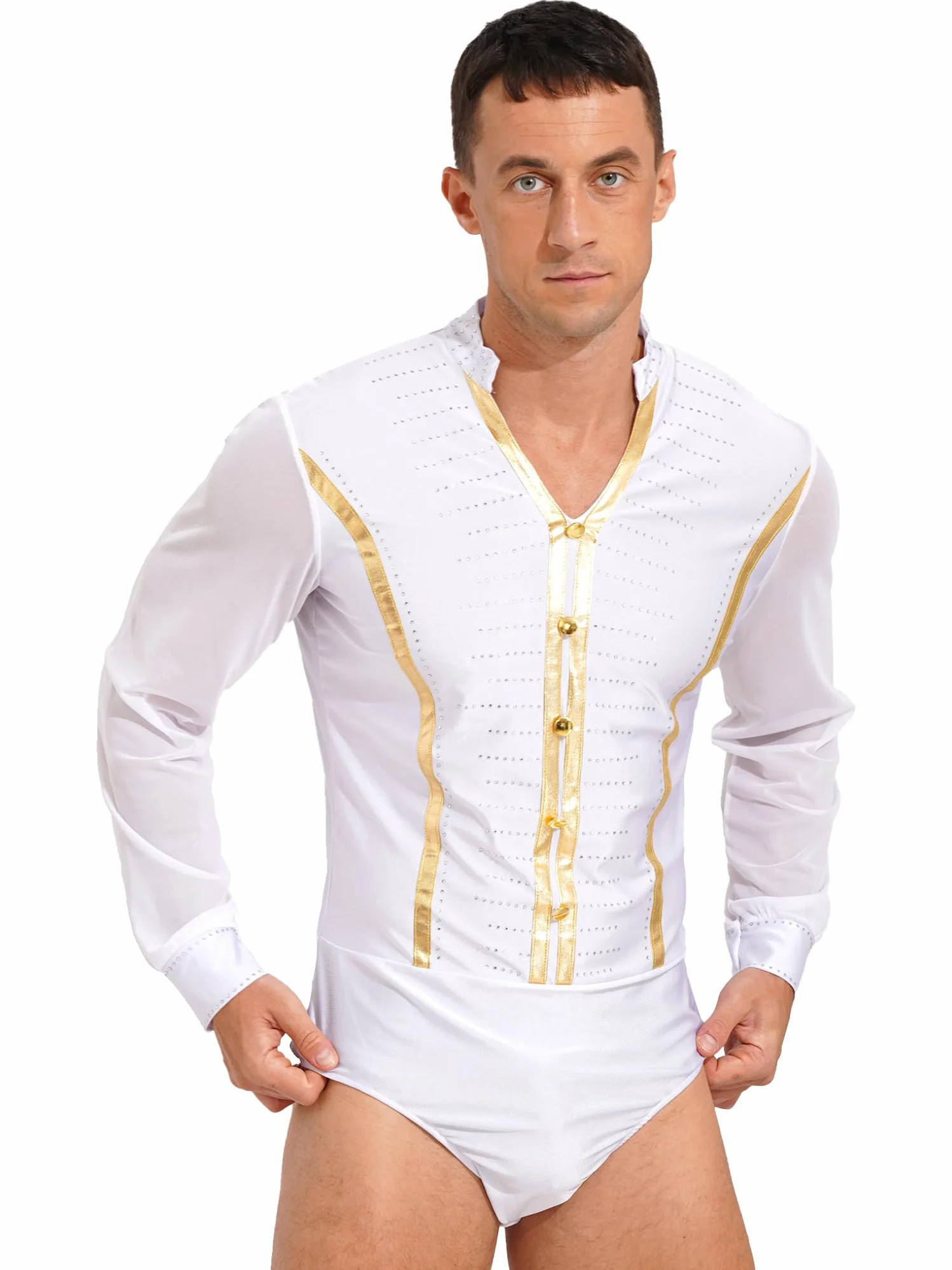 Maillot de Danza Ballet para Hombre Manga Larga Camisa de Baile Latino Cuello V Clásico Body Leotardo ​de Danza Tango Samba Salsa Elástico