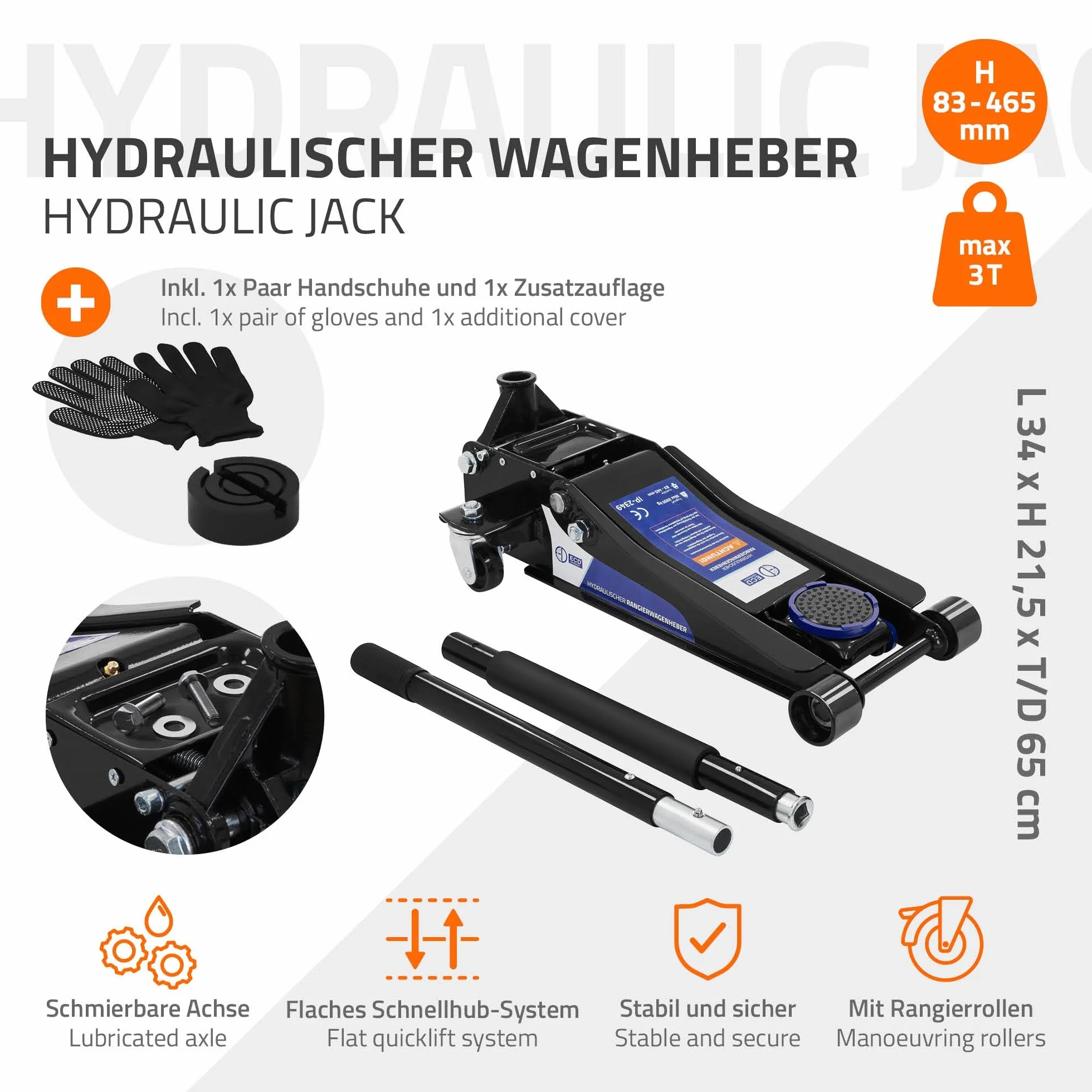 ECD Germany Gato Hidráulico 3T 83-465 mm Elevación Plana con Almohadillas de Goma y Rodillos 360°