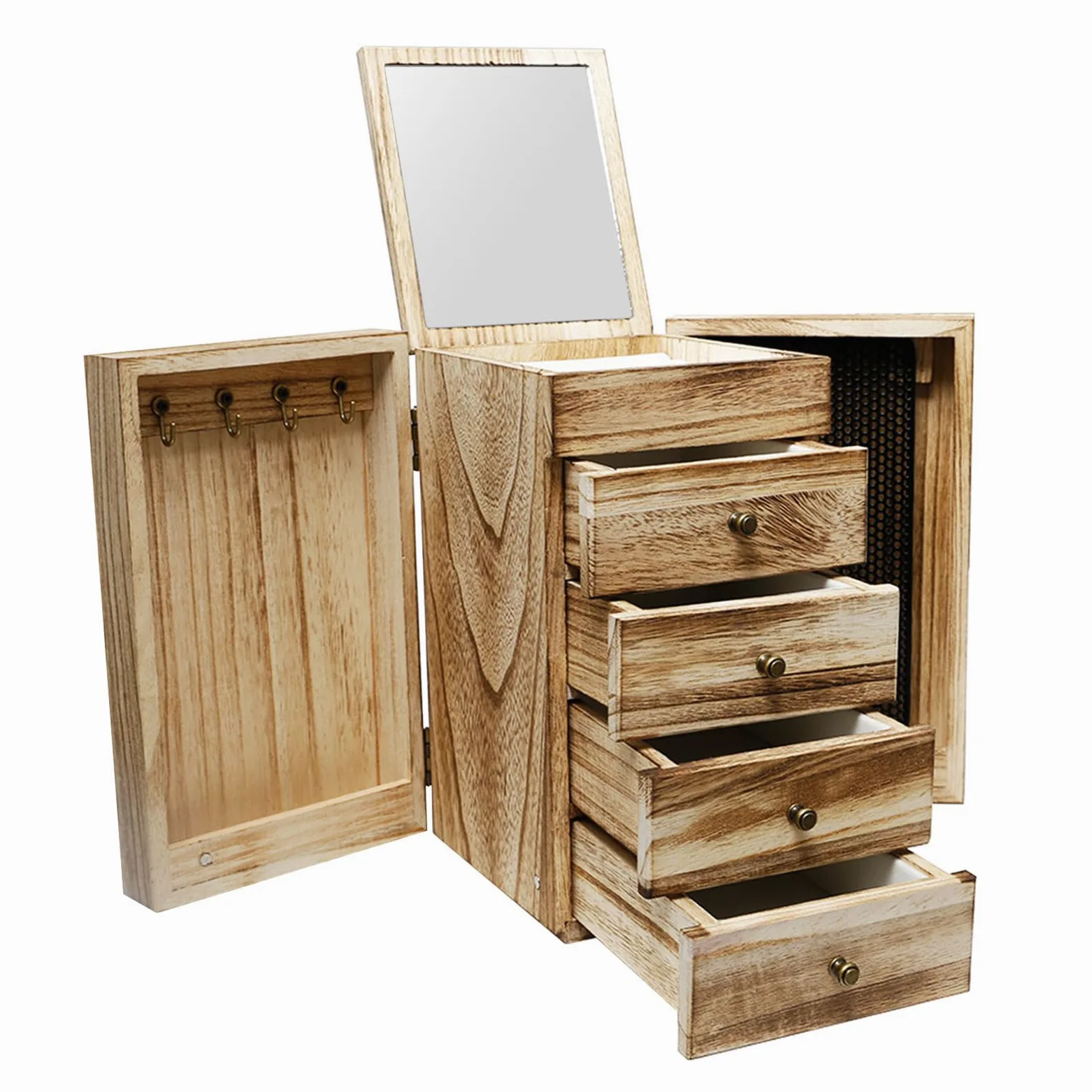 5 Niveles Joyero Madera Grande de con 4 Cajones, Espejo | para Pendientes Pulseras Anillos Collares,Organizador Joyas Rústica con 4Cajones,Organizador Caja Grande,Joyeros Organizador