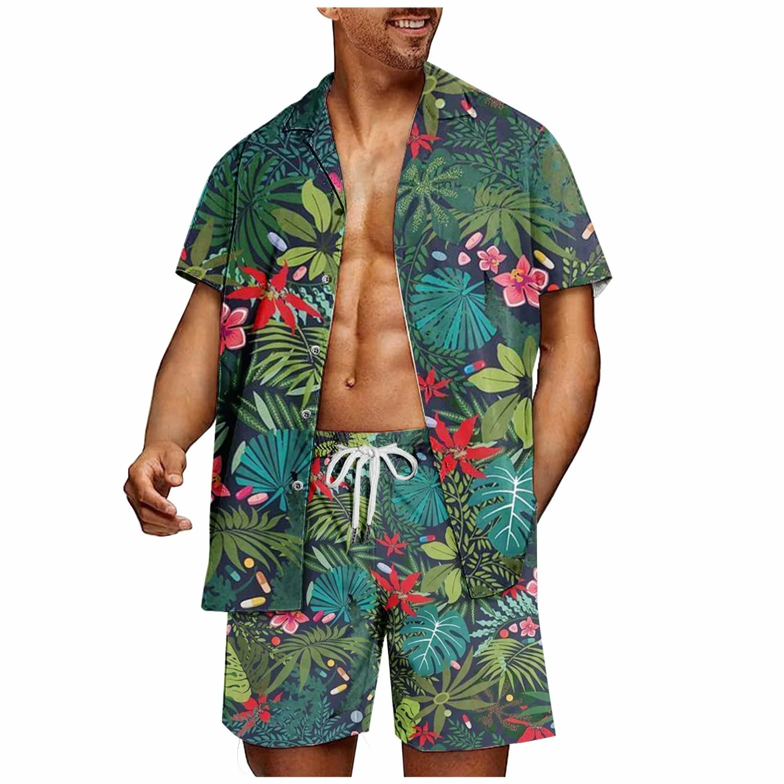 Conjuntos de Playa con Botones Y Forro de CompresióN Traje Hawaiano Camisa Manga Corta Y Pantalones Cortos Conjunto de Vacaciones para Hombres 2 Piezas Camisa Hawaiana Y Conjunto Corto