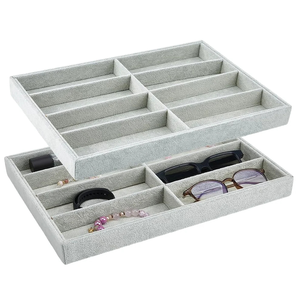 DICOSMETIC 2 unidades de 16 compartimentos de terciopelo para gafas de sol, organizador, bandeja apilable, bandeja expositora, organizador de gafas, cajones, juego de almacenamiento para collares