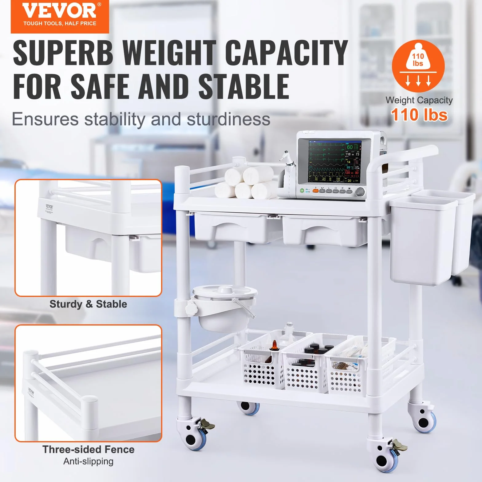 VEVOR Carro Médico 2 Niveles con 2 Bandejas 4 Ruedas Silenciosas Material PP 3 Botes de Basura Blanco