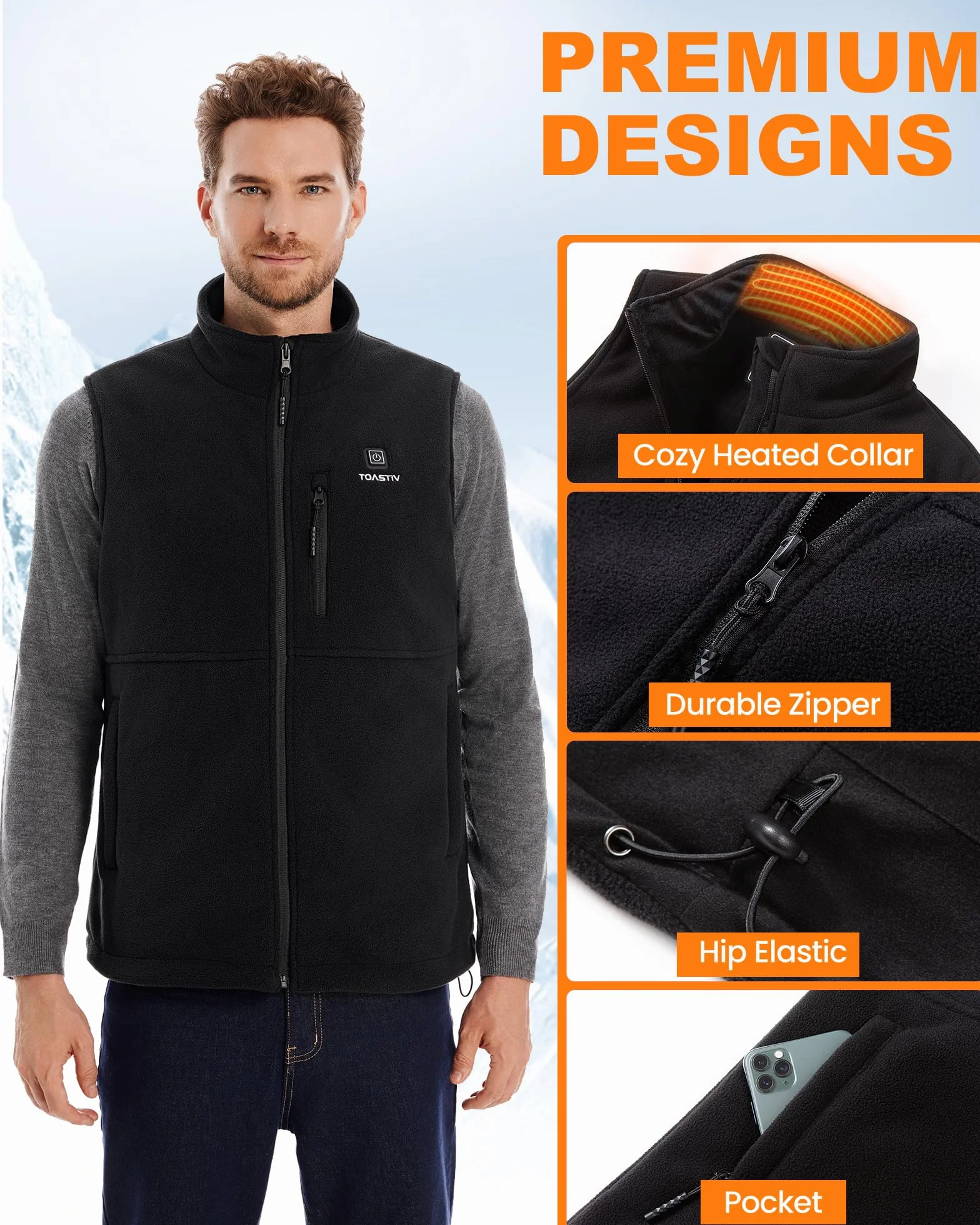Chaleco Calefactable de Polar para Hombres, Chaleco Calefactable Eléctrico con 3 Temperaturas, 6 Zonas de Calefacción, Chaqueta Calefactable USB, Chaleco para Exteriores (Sin Batería)