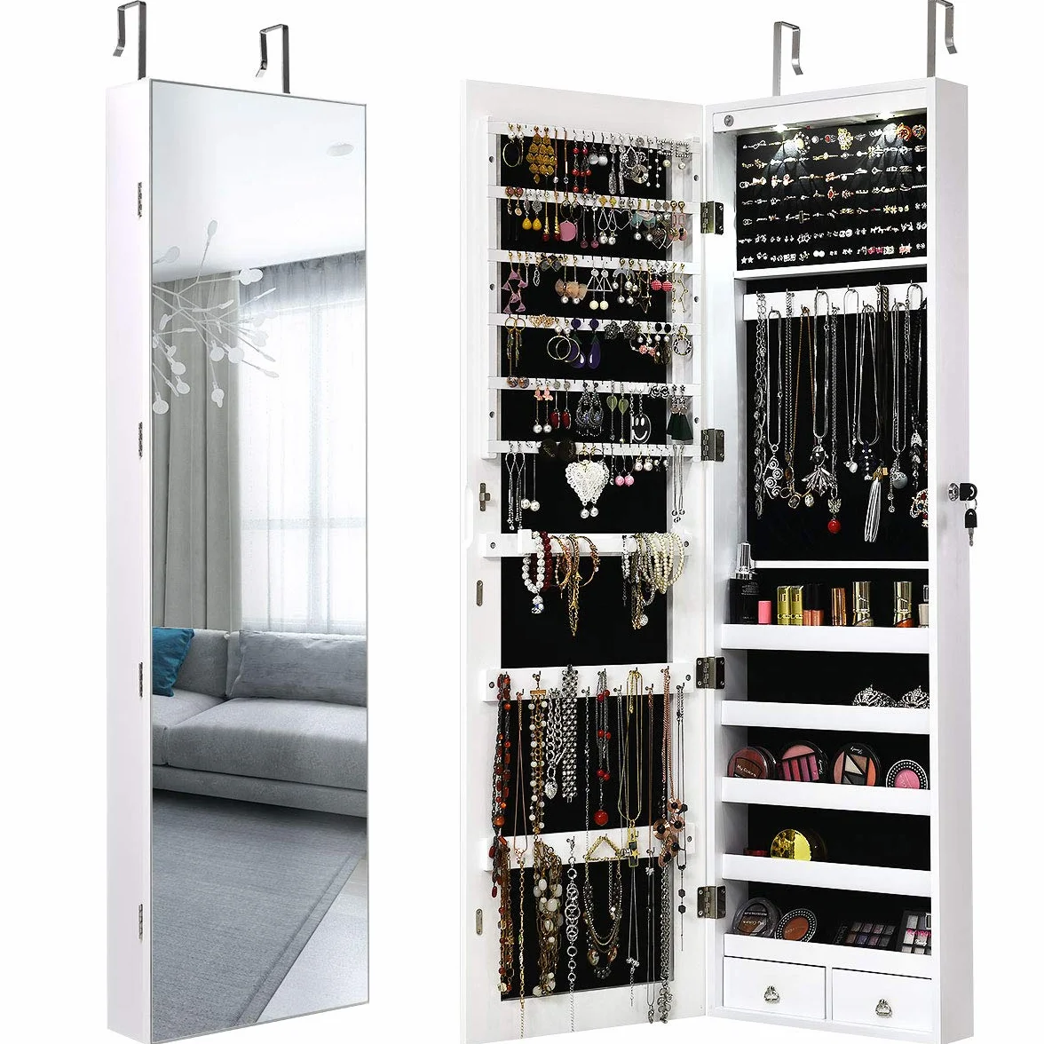 GIANTEX Armario Joyero con Luz LED, Armario de Joya con Espejo de Cuerpo Entero, Montado en la Puerta o en la Pared, Espejo Joyero con Cerradura, Organizador para Joyas, Pendientes, Collares (Blanco)