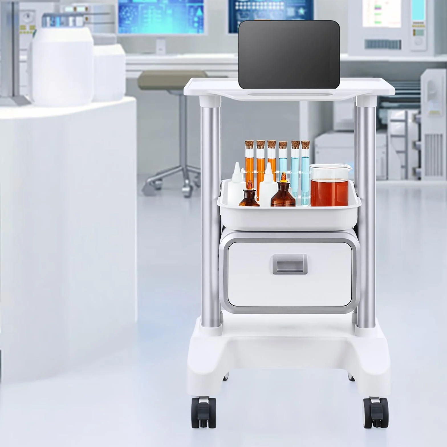 VEVOR Carro Médico de 2 Niveles con 1 Cajón, Bandeja Superior, Ruedas Silenciosas, ABS, Blanco