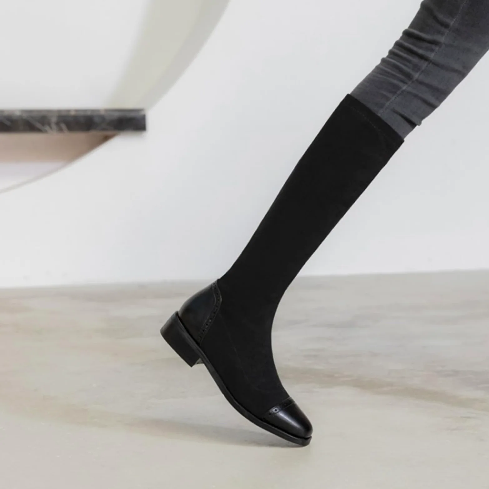 Mujer Botas Altas De Tacón Bajo Pantorrilla Estrecha, Botas De Montar Elásticas Botas Negras De Invierno Suede Tacón Chunky Botas Largas Cálidas Botas Slouch
