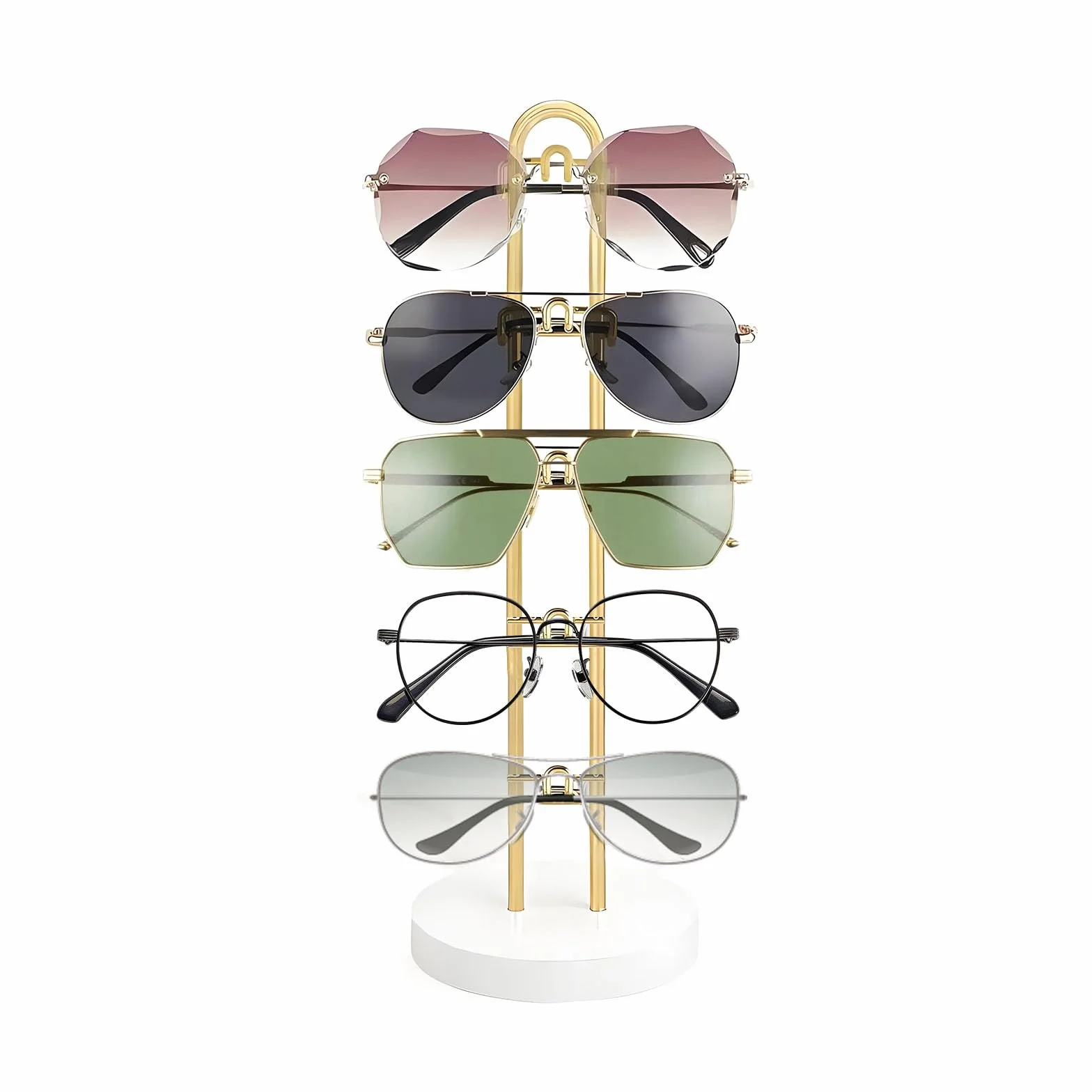 Soporte para Gafas de Sol Expositor Organizador Elegante de Metal con Base de Madera para 5 Pares
