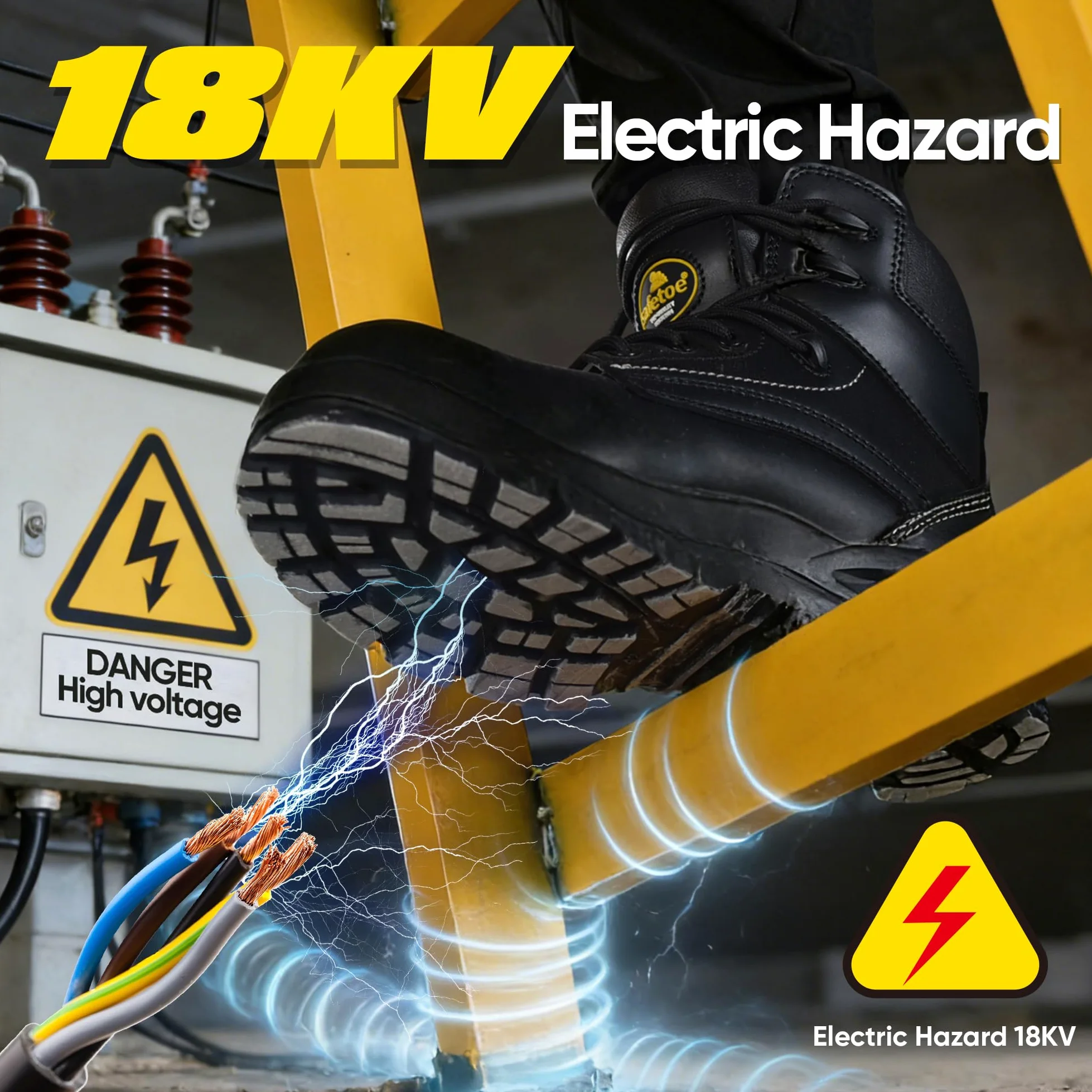 SAFETOE Botas de trabajo 18KV EH con puntera compuesta no metálica, botas de seguridad con agarre de escalera, zapatos estándar CE para trabajadores eléctricos