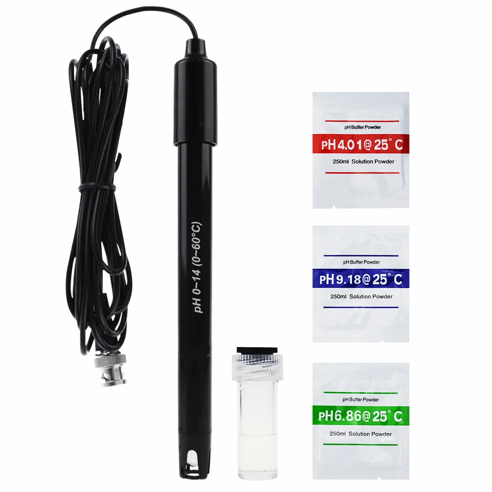 Electrodo de pH con sonda intercambiable, cable 300 cm, rango 0-14 pH, conector BNC, polvo calibración