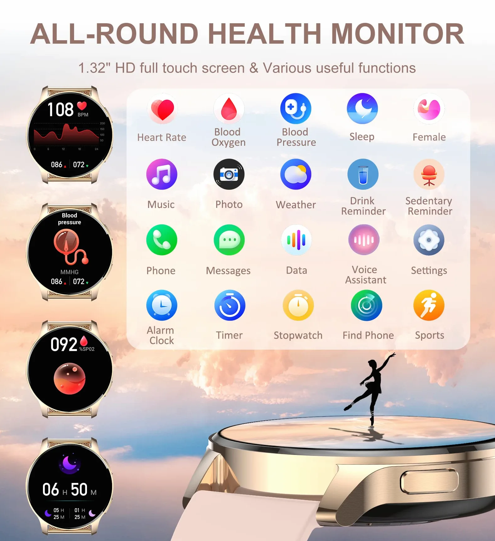 Iaret Reloj Inteligente para Mujer con Llamadas, 1,32'' Smartwatch, 3 Correas, Pulsera Actividad, Presión Arterial, Ritmo Cardíaco, Oxígeno Sanguíneo, Sueño para Android iPhone, Regalo