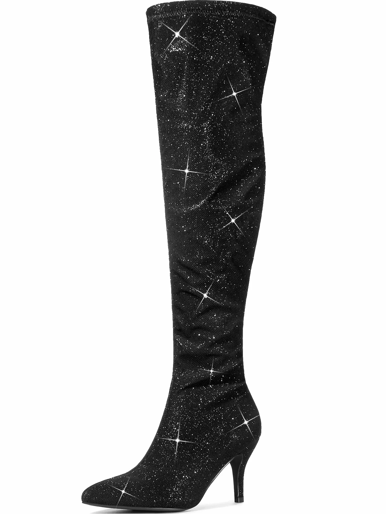 Allegra K Botas altas de tacón de aguja con punta de purpurina para mujer, Negro, 42 EU