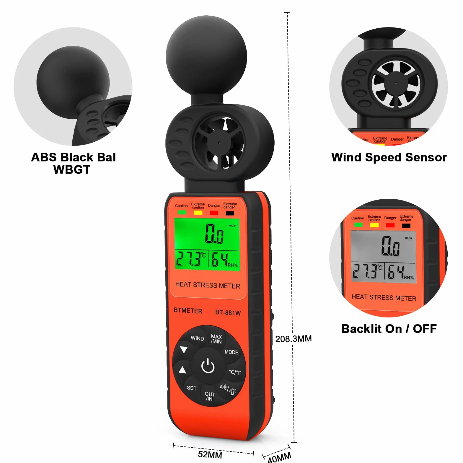 BTMETER BT-881W Medidor de viento WBGT, anemómetro digital portátil velocidad temperatura humedad