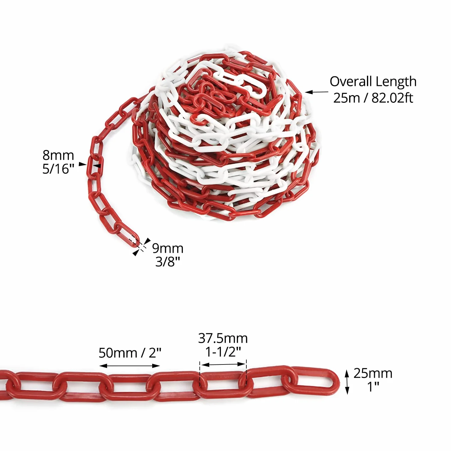 QWORK Cadena barrera de plástico 8mm 25M rojo blanco para aparcamientos
