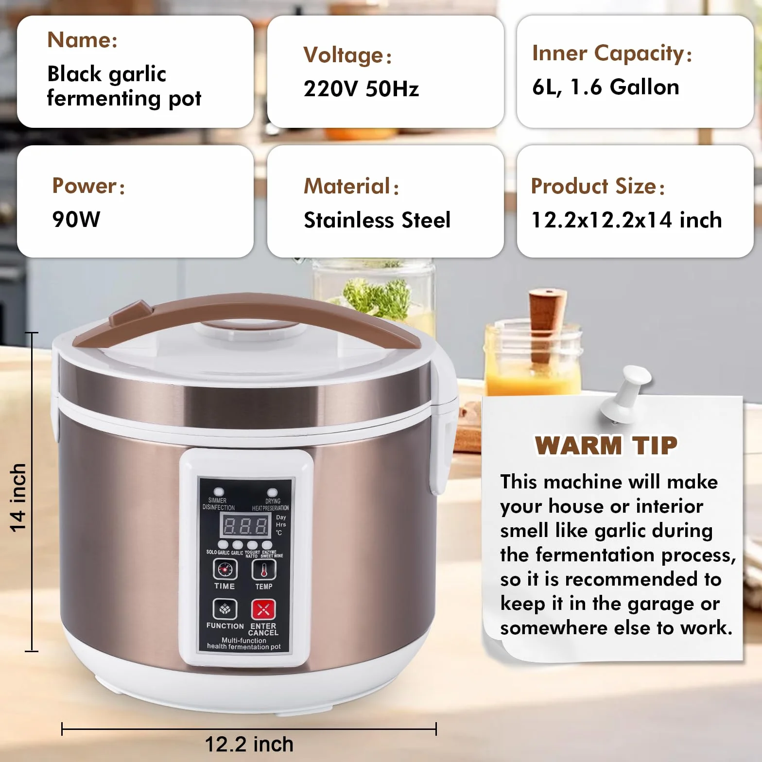 YUCHENGTECH Fermentador de Ajo Negro Automático 6L con Control de Tiempo y Temperatura