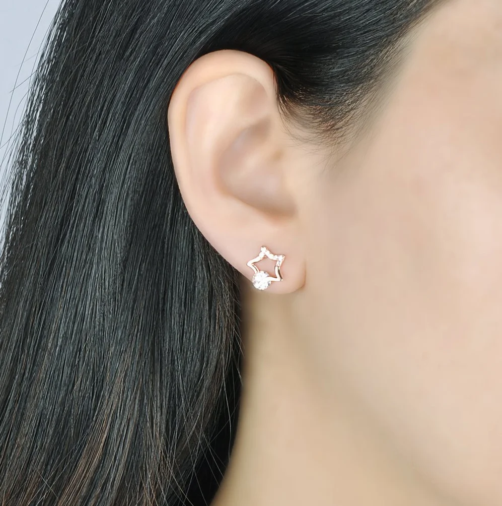 Pendientes Mujer Niña, Yumilok-Moda Pendientes con Brillantes Circontias Estrella y Luna, Oro Rosa S925 Plata de Ley