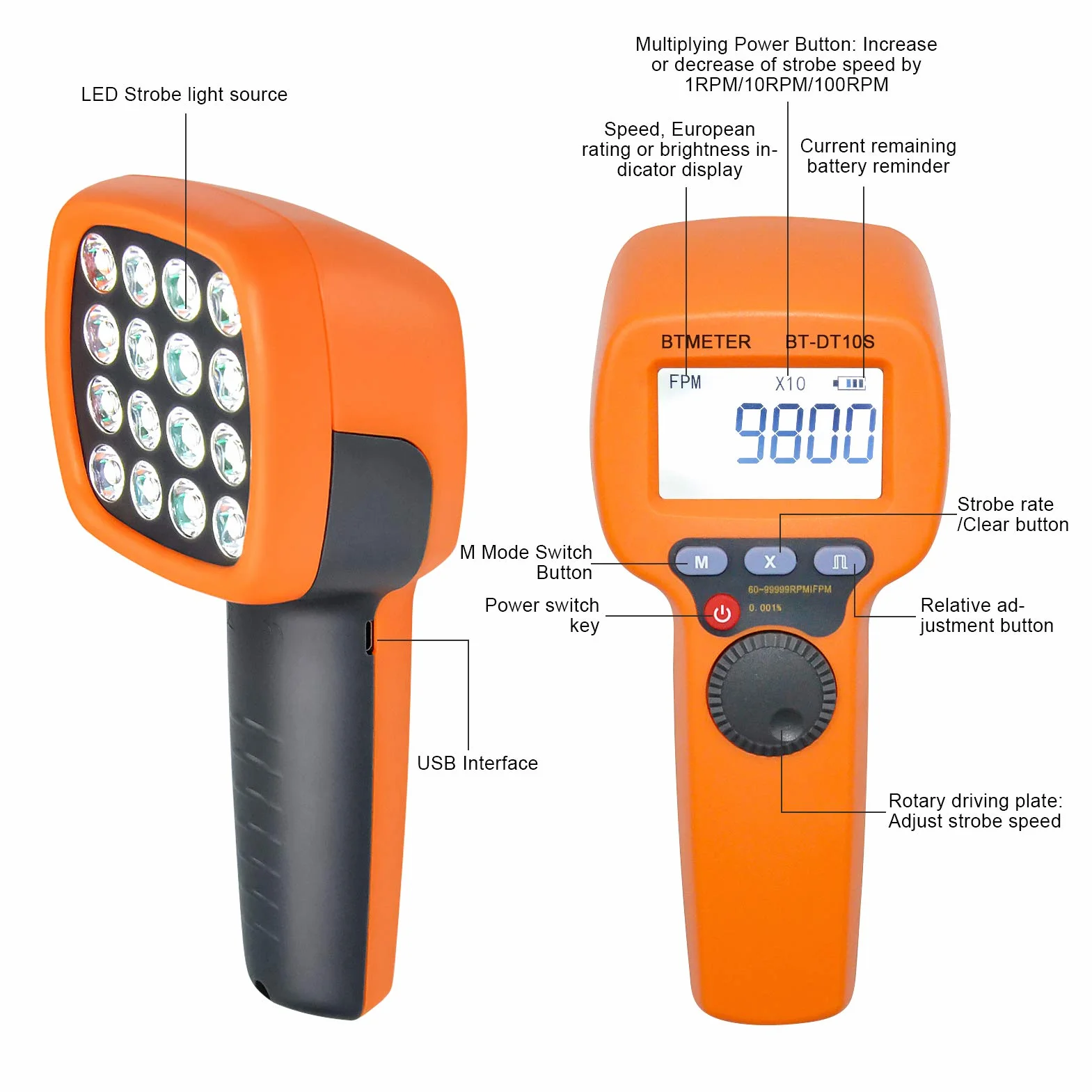 BTMETER Estroboscopio Digital 60-99999 RPM Tacómetro LED Alta Precisión Medidor de Velocidad