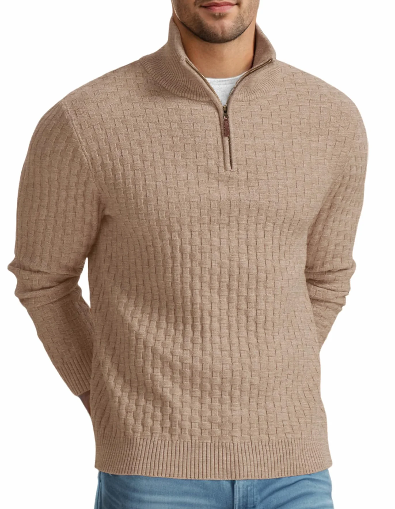 QIXING Jersey de punto para hombre, cuello medio, grueso, informal, con cremallera 1/4