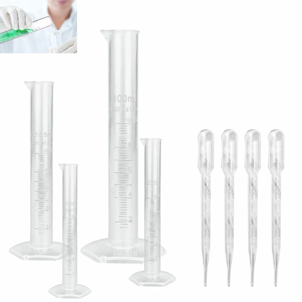 Probetas Graduadas 10ml 25ml 50ml 100ml Cilindros Graduados Plástico Laboratorio + Pipetas 3ml