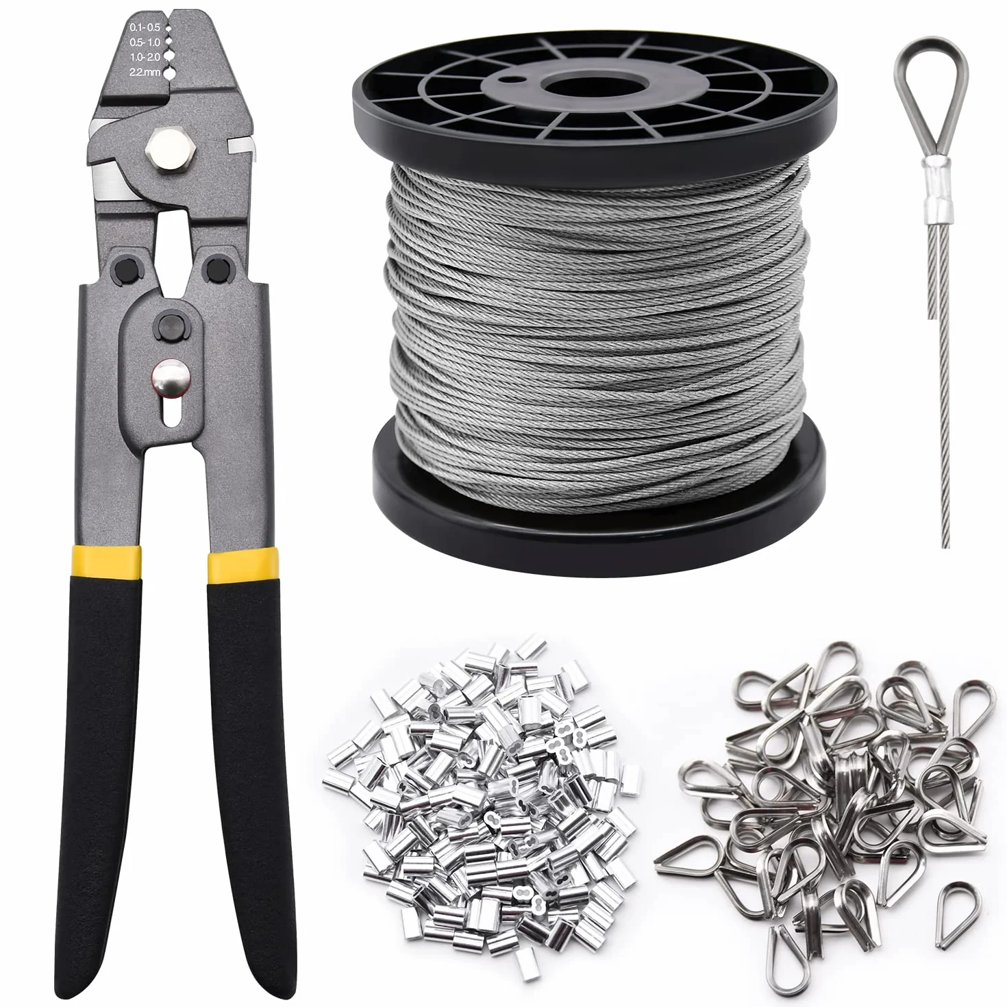 Kit de herramientas de prensado de cable de acero inoxidable 330 pies con mangas de aluminio y dedales