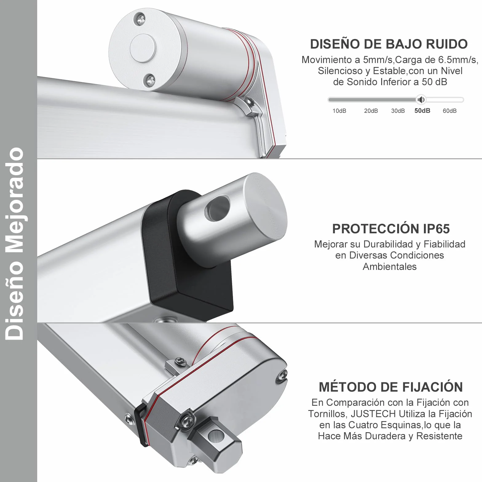 Justech Motor Actuador Lineal 250mm 12V DC 1500N 10mm/s IP65 Impermeable Aluminio Plateado