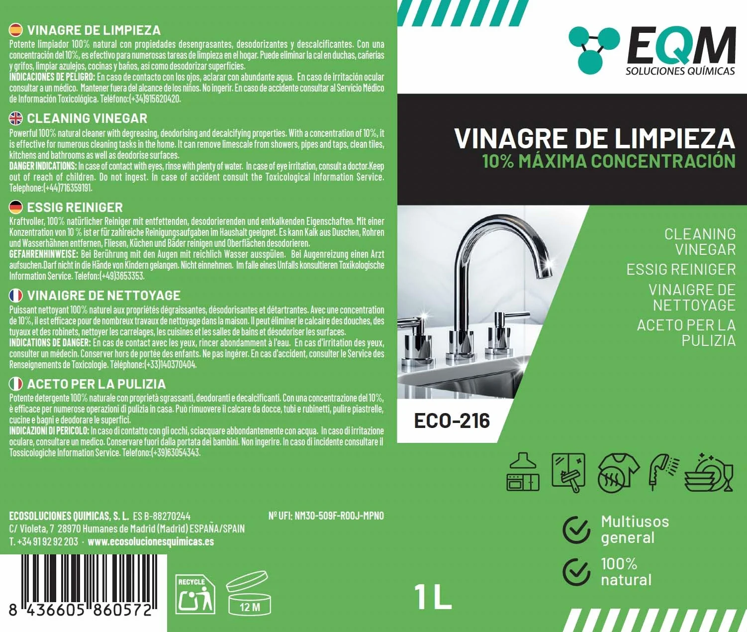 Vinagre de Limpieza Concentrado 1L 10º Acidez 100% Natural Limpiador Multiusos Hogar