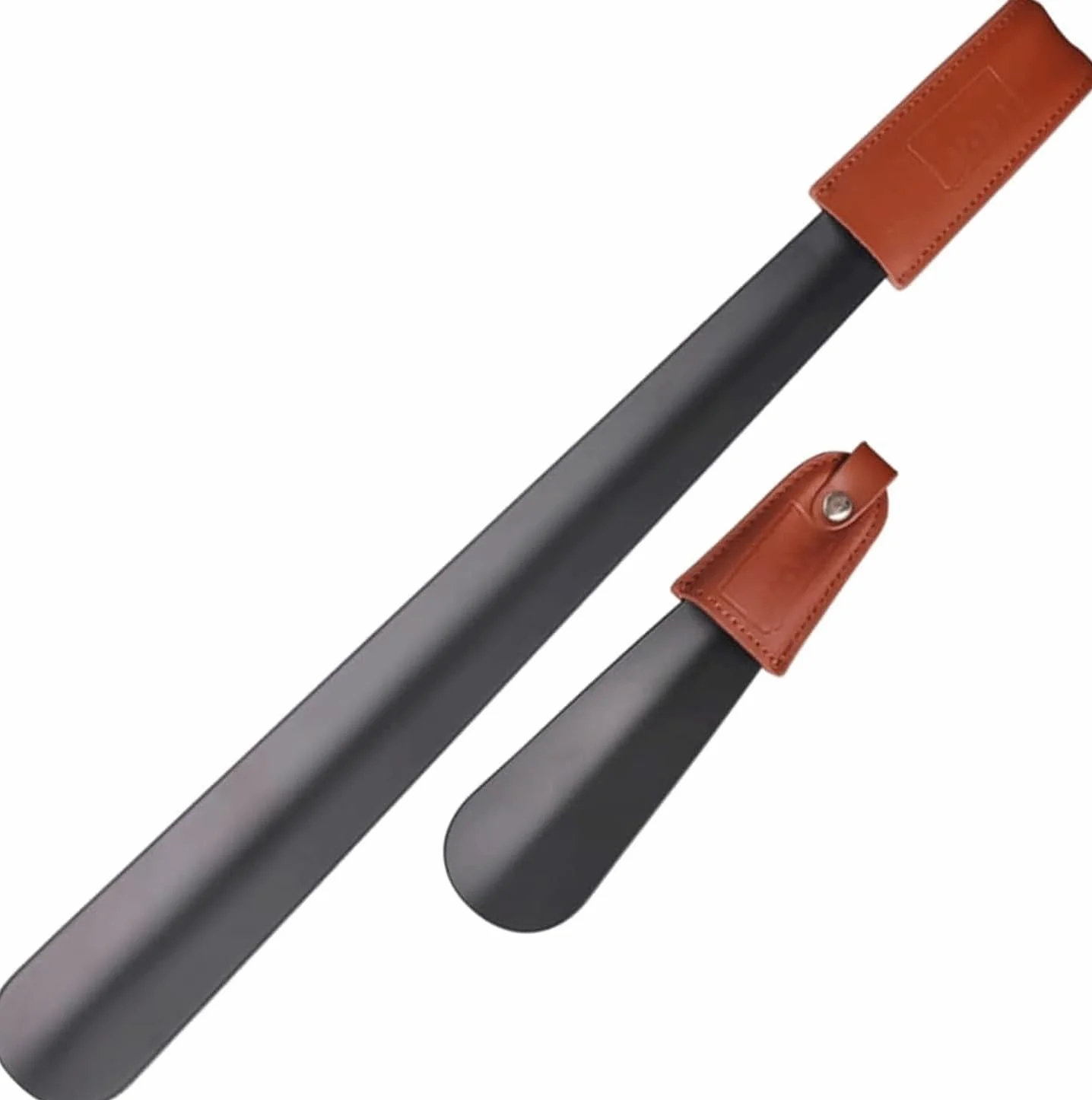 Calzador de acero inoxidable – Paquete de 2 calzadores portátiles de viaje con mango de cuero – Calzador largo de metal para hombres, mujeres y niños