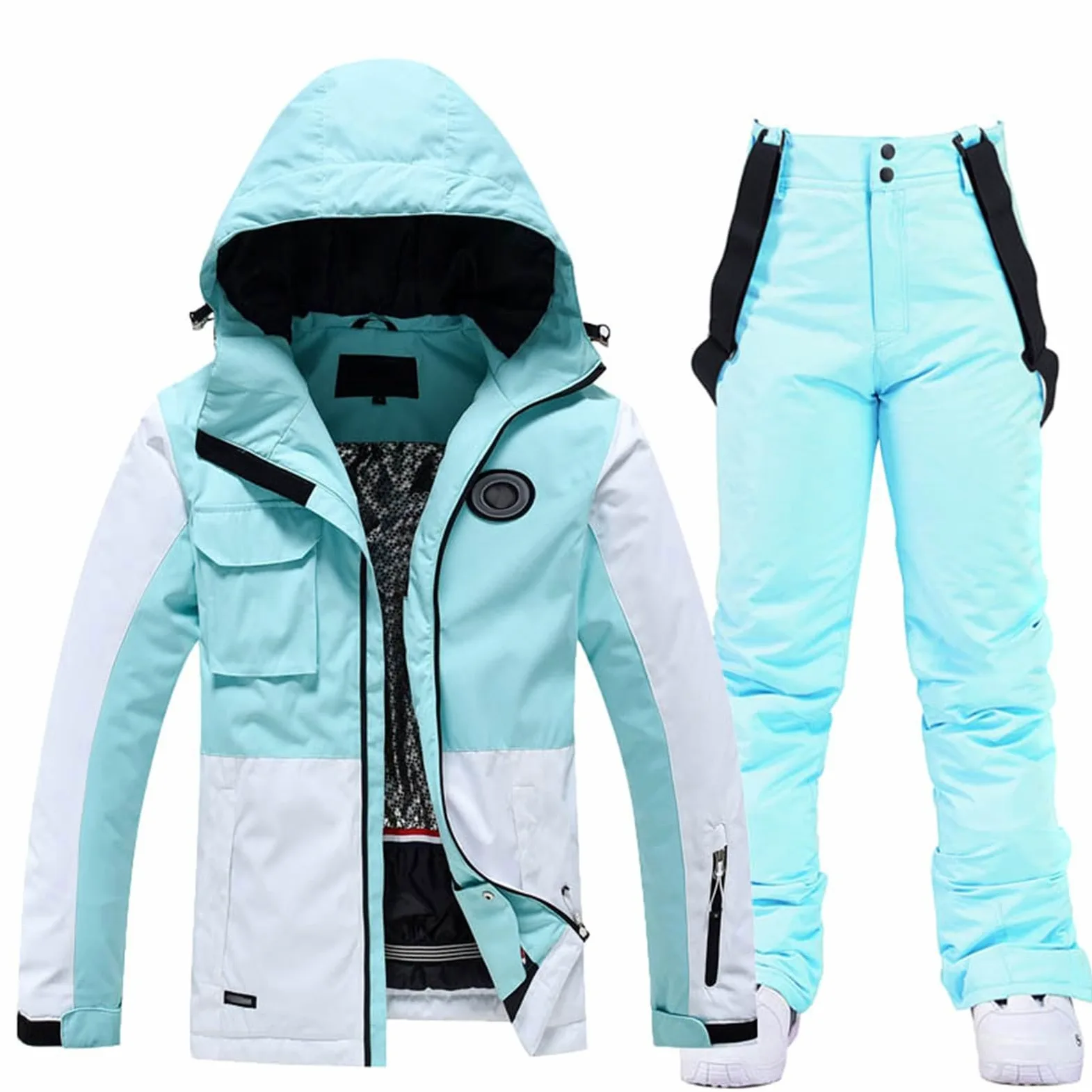 Generisch Chaqueta de esquí y pantalones de esquí para mujer, juego de 2 piezas, traje de nieve, impermeable, cálido, chaqueta de invierno con capucha, traje de esquí para esquiar, snowboard, chaqueta
