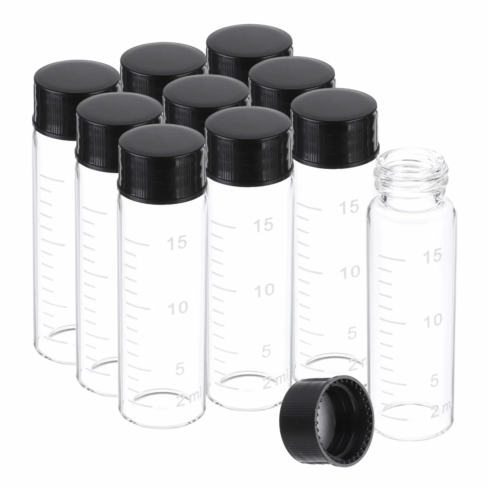 PATIKIL 10 Piezas de 15 ml Viales de Vidrio Transparente con Tapa de Rosca Negra, Botellas de Muestra Graduadas de Vidrio Borosilicato