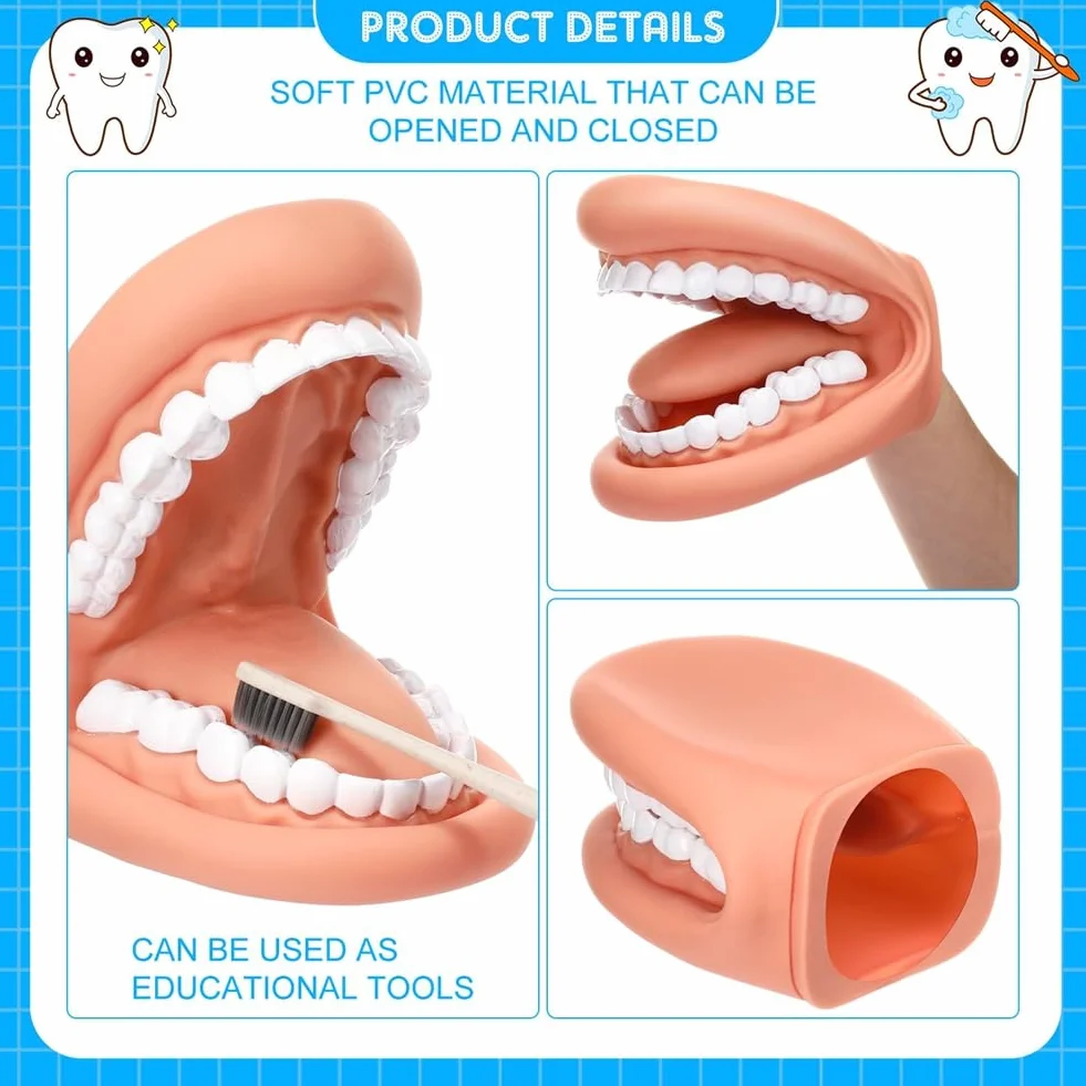 Maniquí boca con lengua y dientes, marioneta de mano, modelo dental con cepillo, herramienta de aprendizaje