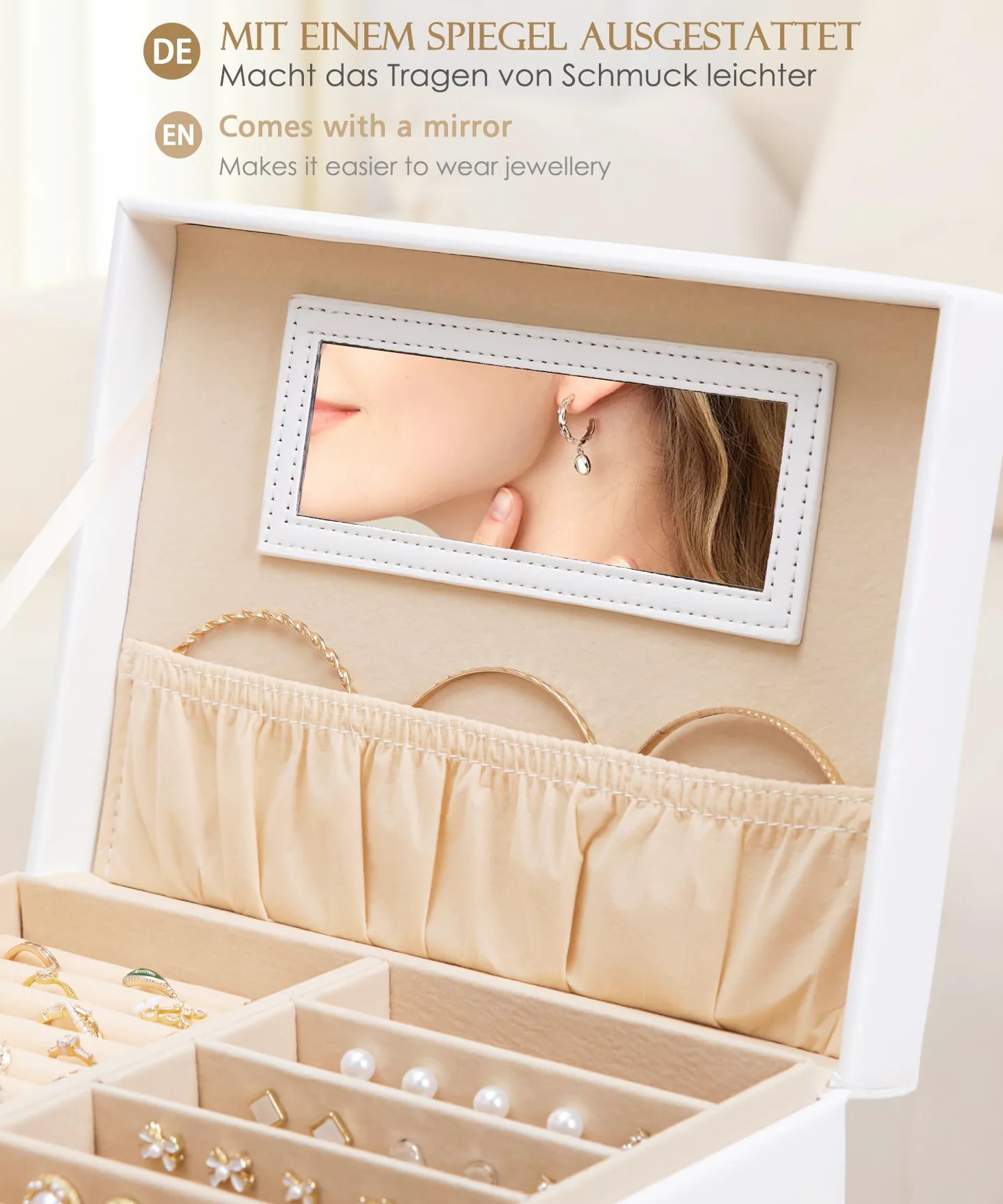 Yorbay Caja de joyas grande con espejo para mujer: 6 niveles y 5 cajones | Compartimentos collares anillos pendientes relojes–Para tocador cómoda–Piel sintética forro terciopelo–Blanco