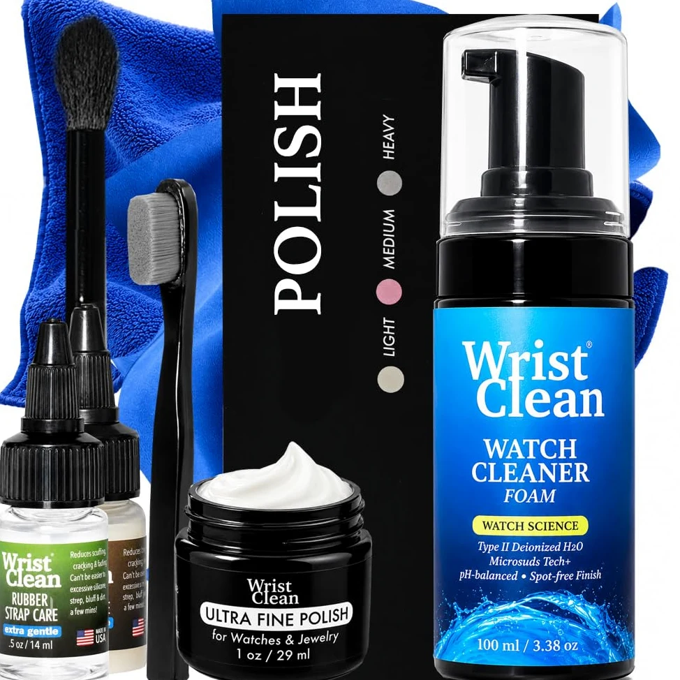 Premier - Kit de limpieza de relojes y kit de pulido de relojes, limpiador, pulido, cuidado de correas de goma y cuero, paños de microfibra, cepillos, herramientas de limpieza de relojes