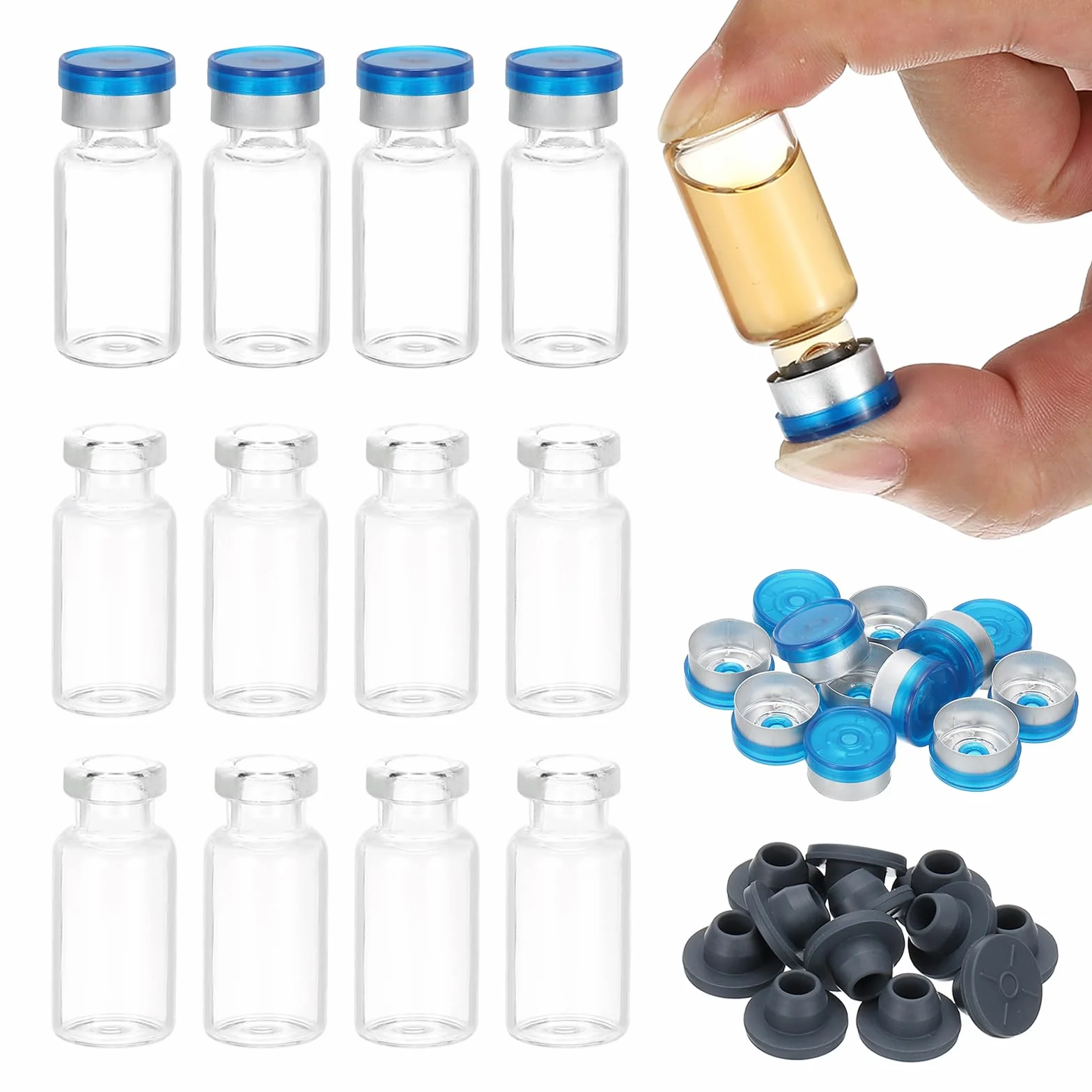 PATIKIL 12 Viales de Muestra Vidrio Borosilicato Transparente 3 ml con Tapa Aluminio Plástico Tapón Goma para Almacenamiento Sólidos