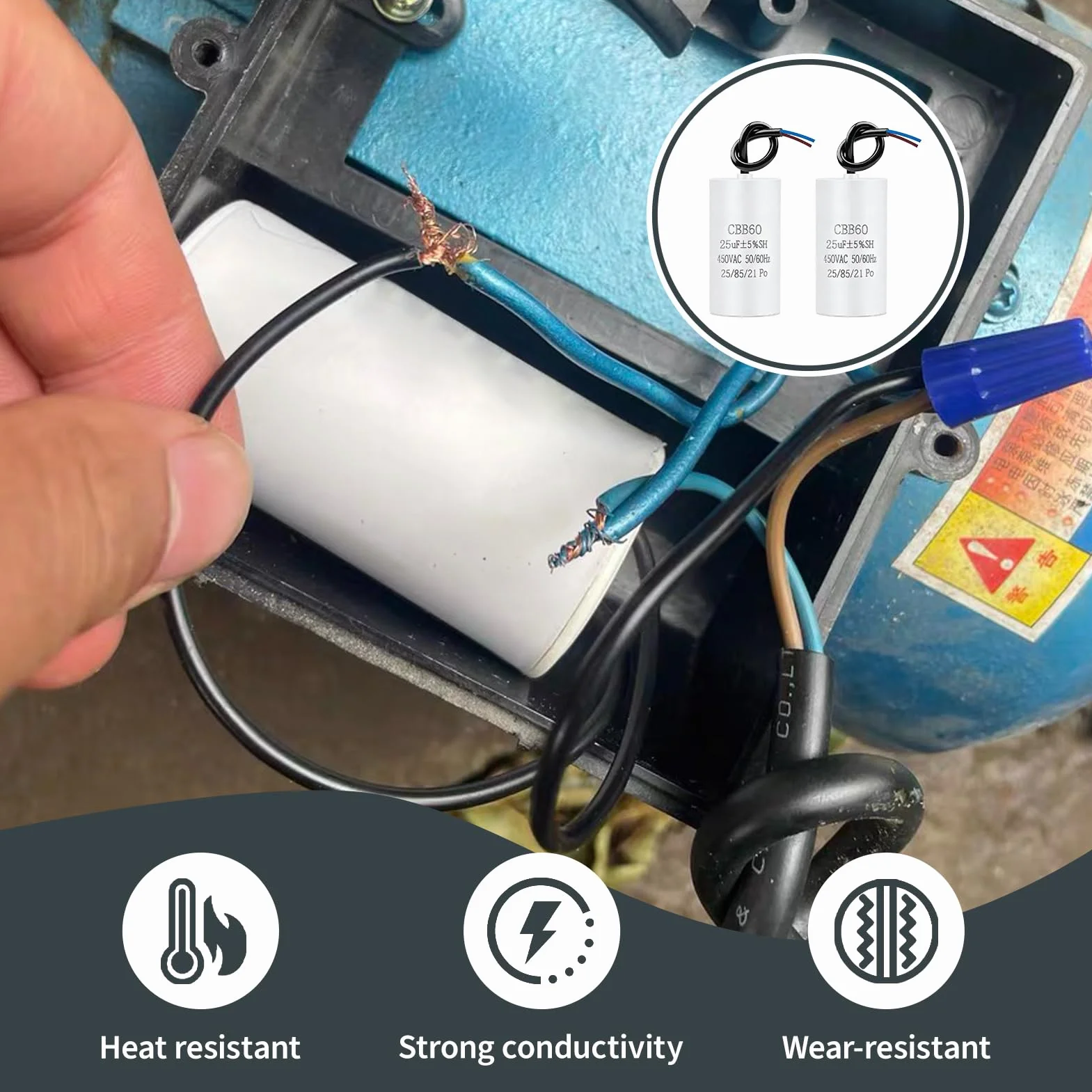 CBB60 25uf 450v 50/60Hz Condensador Arranque Motor 2 Piezas