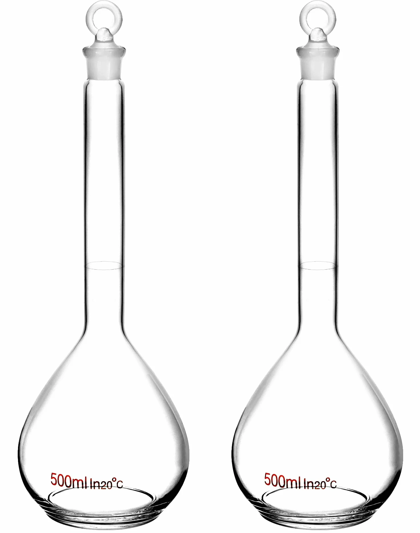 QWORK Frasco volumétrico de 500 ml con tapón de vidrio, vidrio de borosilicato alto 3.3, 2 unidades