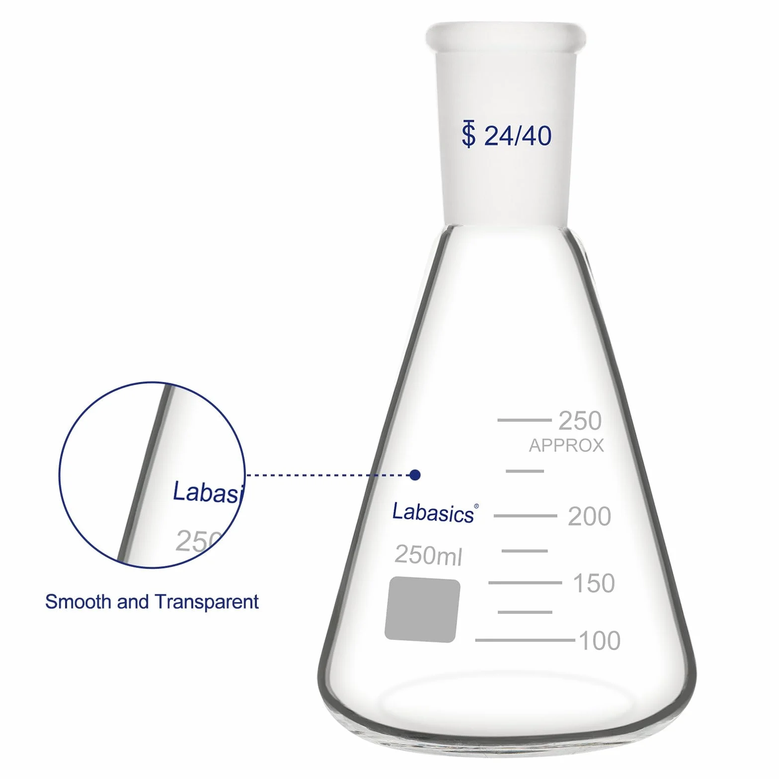 Labasics Vidrio 24/40 Erlenmeyer Matraz, Borosilicato Pared Gruesa, 250 ml