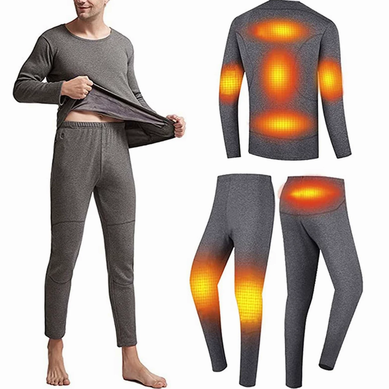 Ropa Interior térmica con calefacción, Chaqueta y Pantalones, Forro Polar cálido de Invierno, Mangas largas, Adecuado para Correr y montañismo en Invierno (Gris S) (Gris XL)