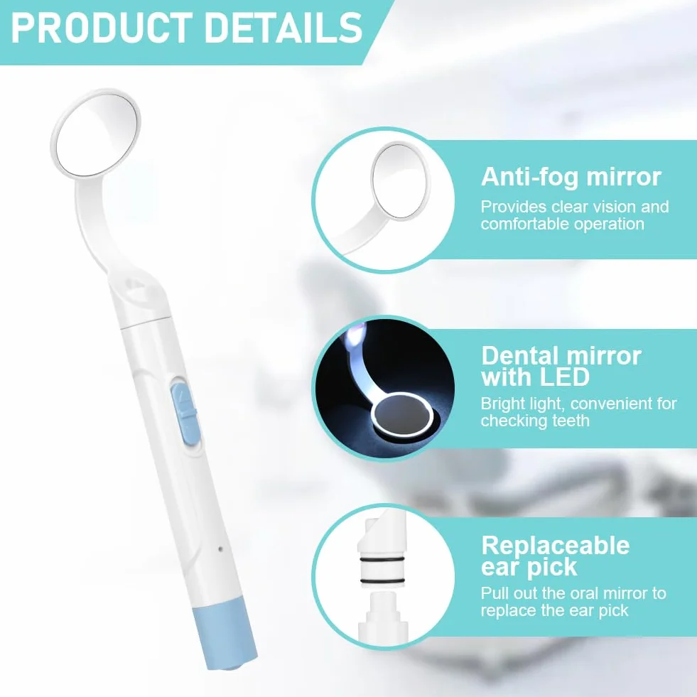 Flintronic Espejo Dental con Luz LED Recargable, 1 Pieza, Antivaho, Carga USB, 2 Modos de Luz, Azul