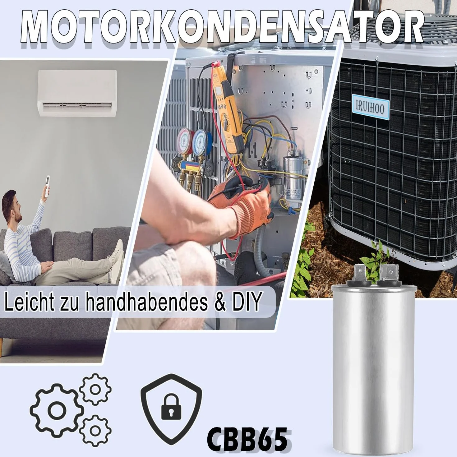 Iruihoo 60uF CBB65 Condensador de motor 450V CA 50/60Hz, 60µF arranque funcionamiento carcasa metálica