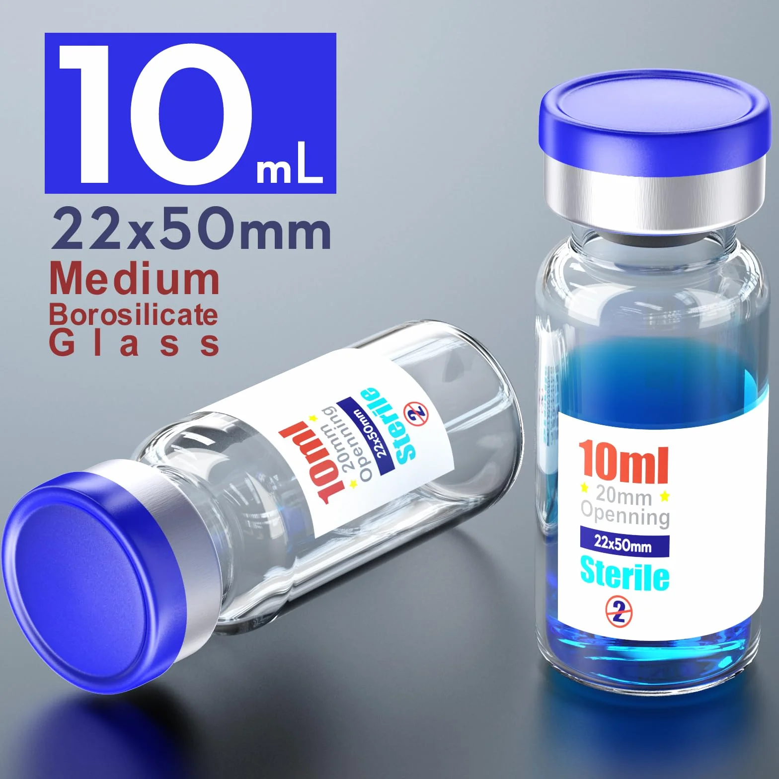 Frascos de vidrio estériles 10 ml con puerto de inyección autorreparable y tapa abatible, 10 unidades