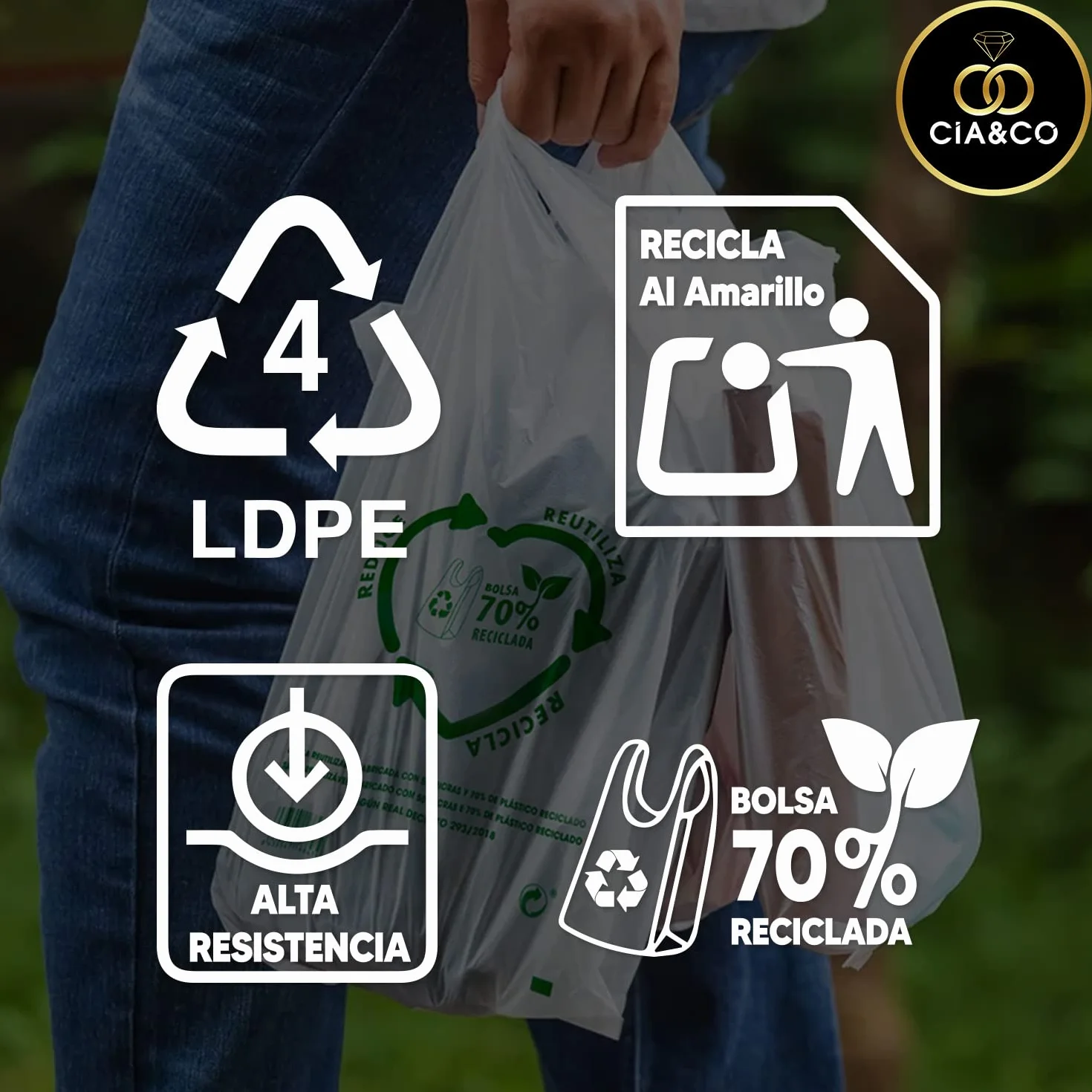 Bolsas de Plástico 70% Reciclado XXL 50x60 cm 50 Uds Aptas Uso Alimentario Galga 200 Tipo Camiseta