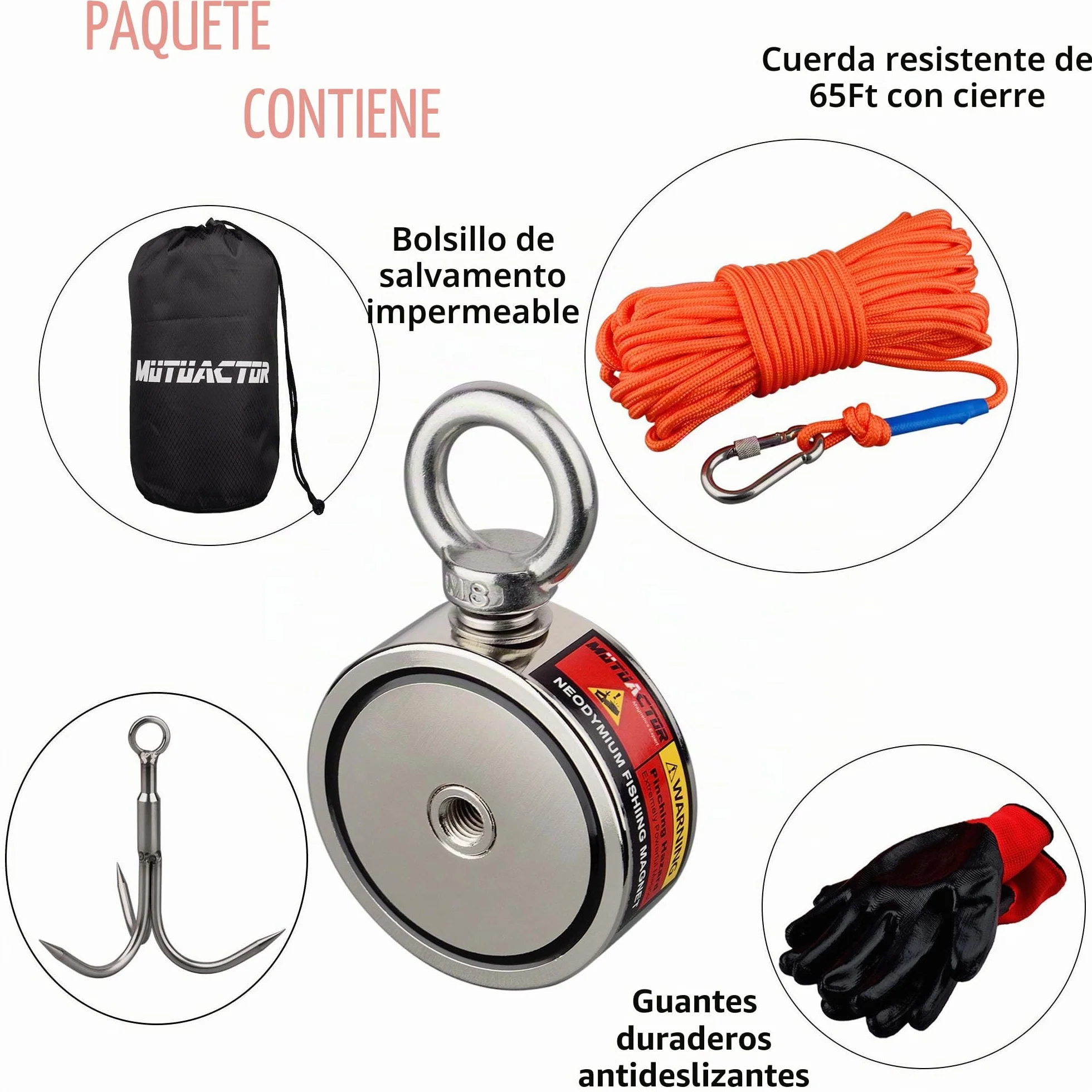 MUTUACTOR Iman de pesca neodimio N52 320 kg con cuerda 20 m para recuperacion magnetica