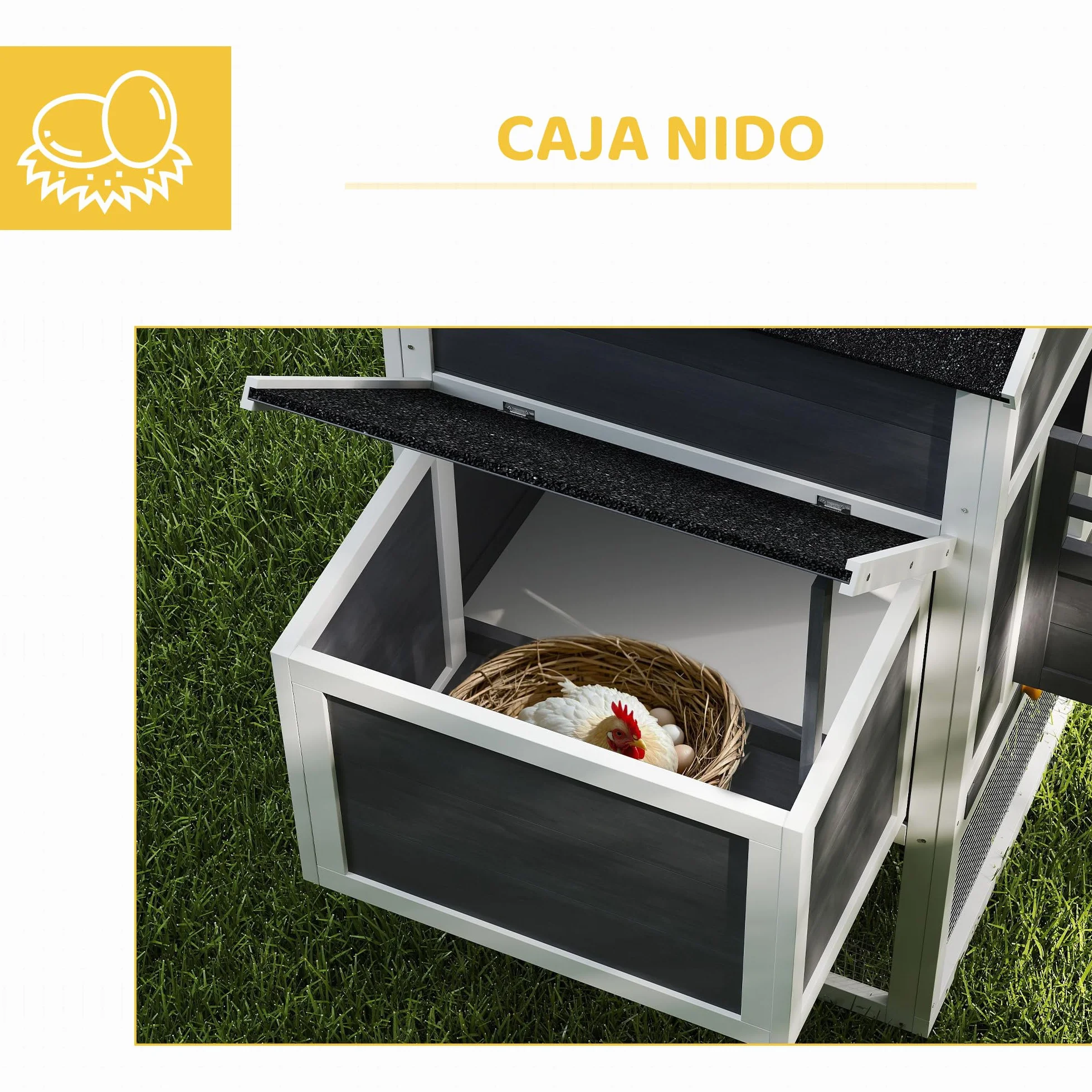 PawHut Gallinero Exterior Madera Grande 297,5x68x118 cm para 3-6 Gallinas con Nido Corral Bandeja Extraíble Techo Asfáltico Gris Blanco