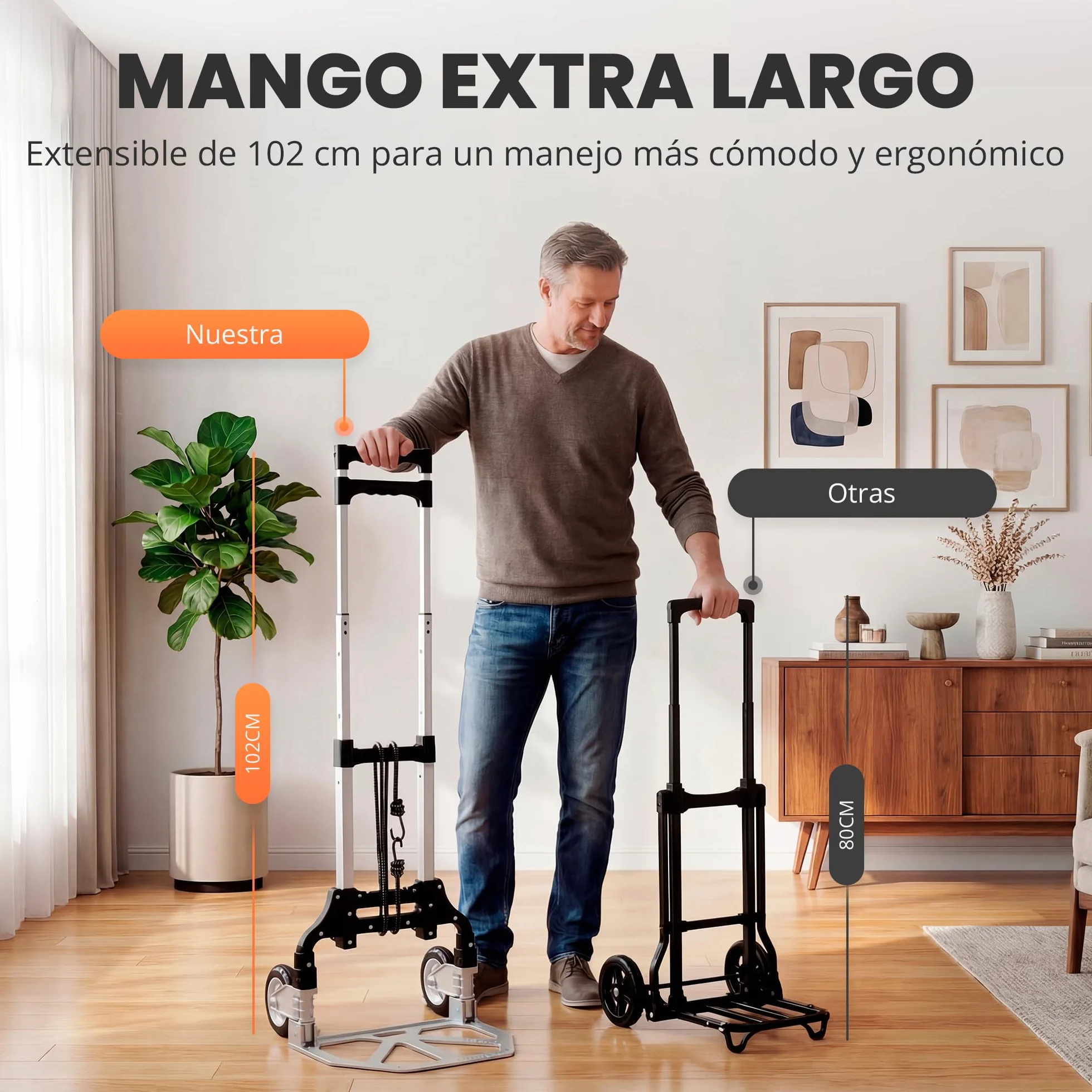 JUPPLIES Carretilla Plegable de Mano de Aluminio 75 kg 100x40cm Carro de Carga con Ruedas