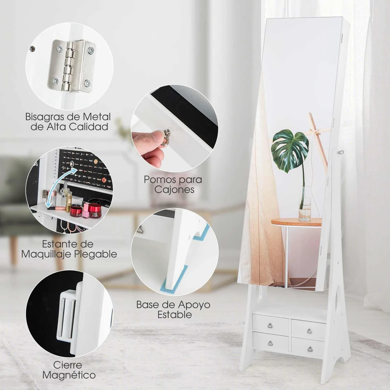 COSTWAY Armario para Joyas con Espejo, Espejo joyero con Luces LED, Estante de Maquillaje, Ángulos de Inclinación Ajustables y Gran Capacidad de Almacenamiento, Armario Joyero (Blanco)